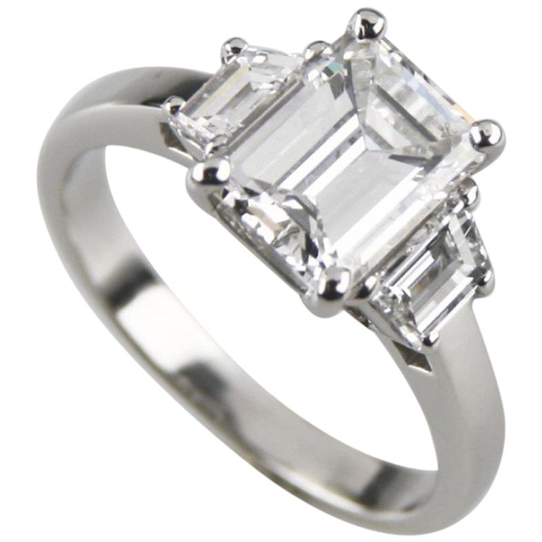 2.10 Carat Emerald Cut Diamond 3-Stone Platinum Ring with GIA Certified For Sale