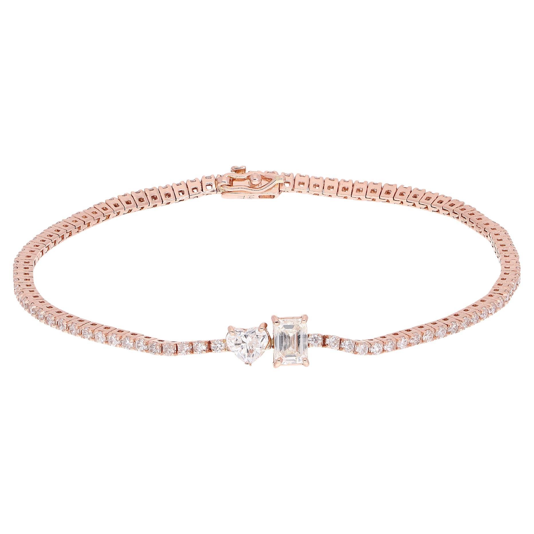 Pulsera de tenis con diamantes talla esmeralda y corazón de 2,10 quilates, oro rosa de 14 quilates