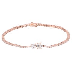 Bracelet tennis en or rose 14 carats avec diamants taille émeraude en forme de cœur de 2,10 carats