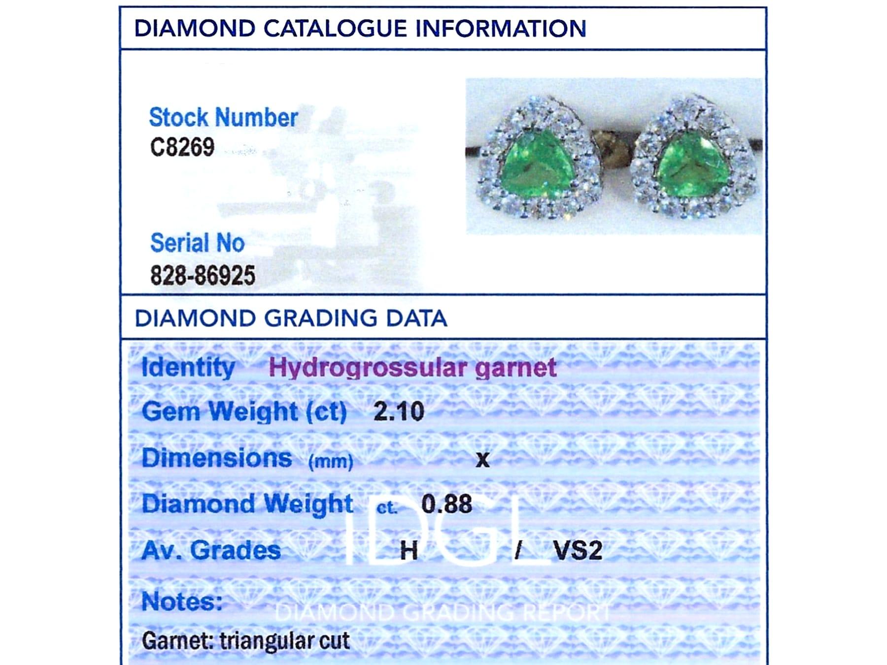 2.10 Carat Hydrogrossular Garnet 0.88 Carat Diamond 18k White Gold Earrings For Sale 2