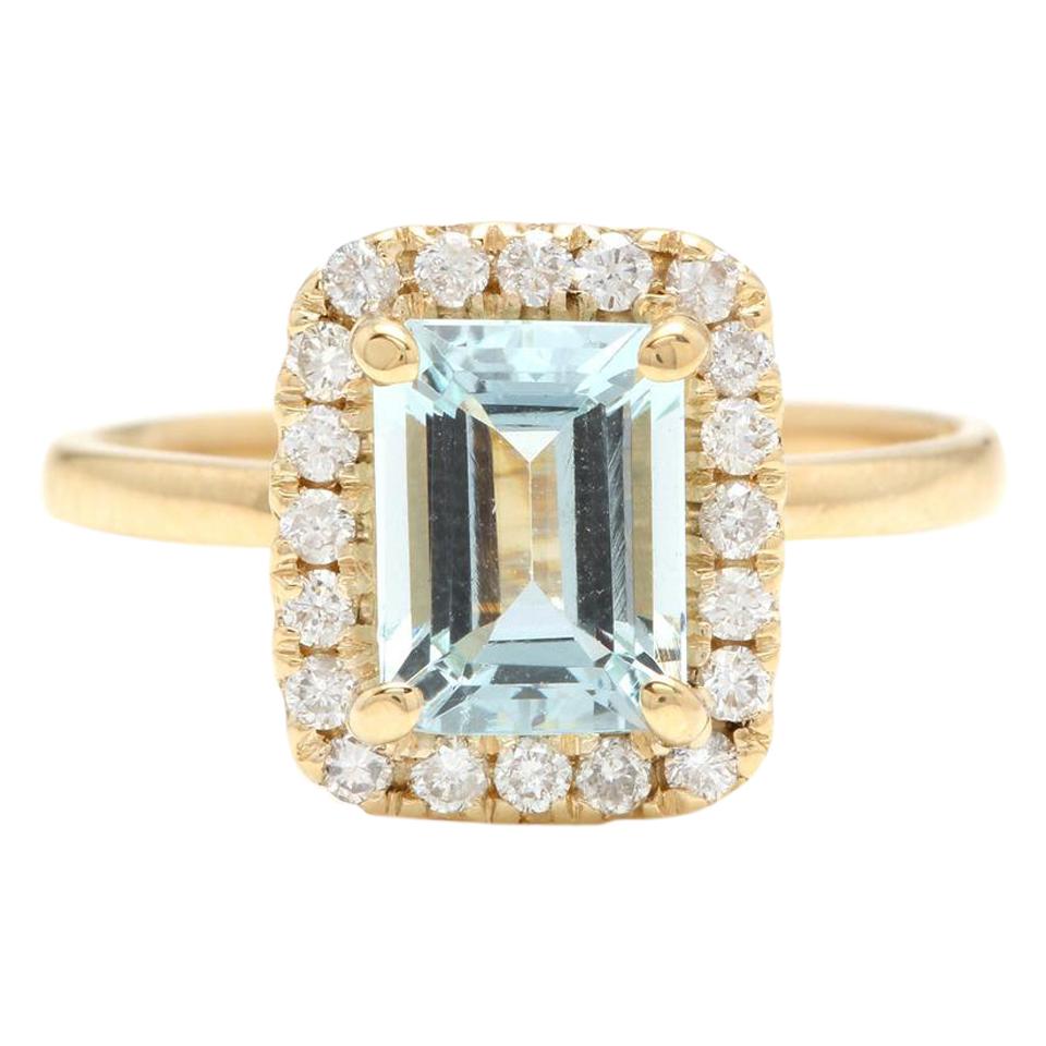 2,10 Quilates Impresionante Anillo de Aguamarina Natural y Diamante en Oro Amarillo de 14 Kilates