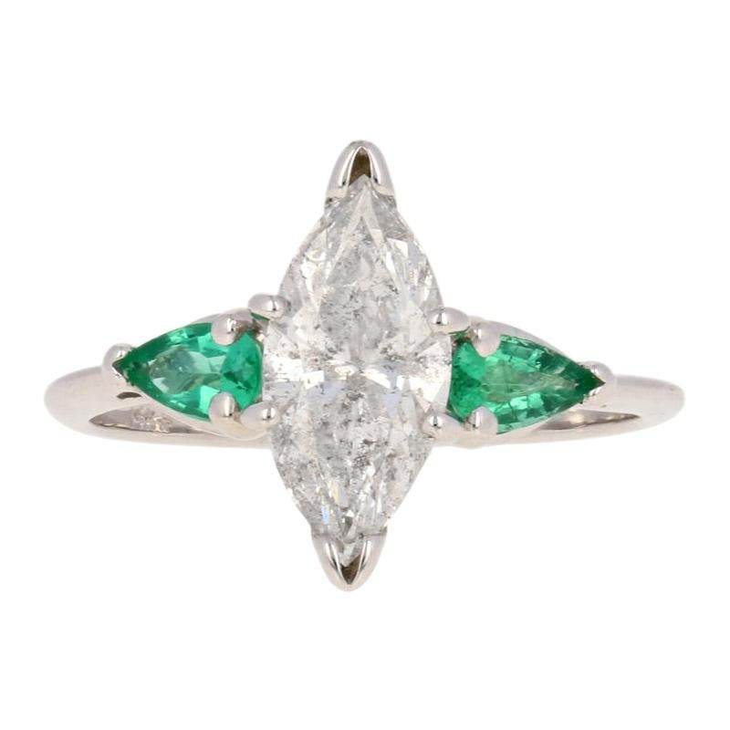 2.10 Carat Marquise Cut Diamond and Emerald Ring, 14 Karat White Gold Engagement