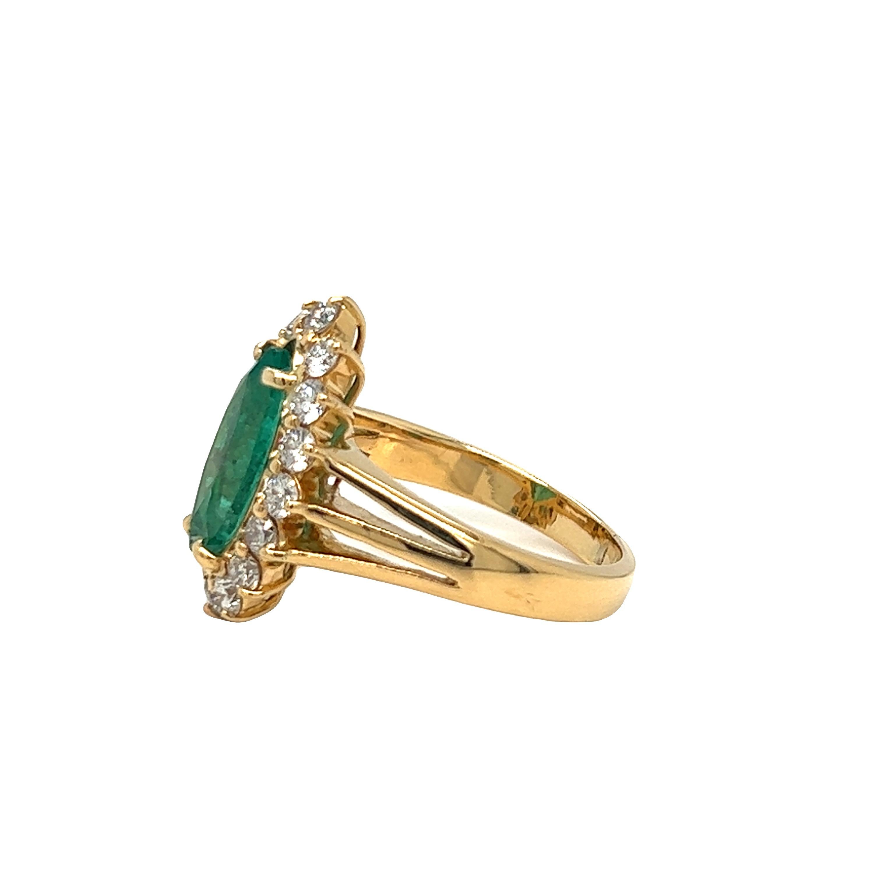 Artisan 2.10 Carat Marquise Emerald and Diamond Cluster Halo Ring 18K Yellow Gold For Sale