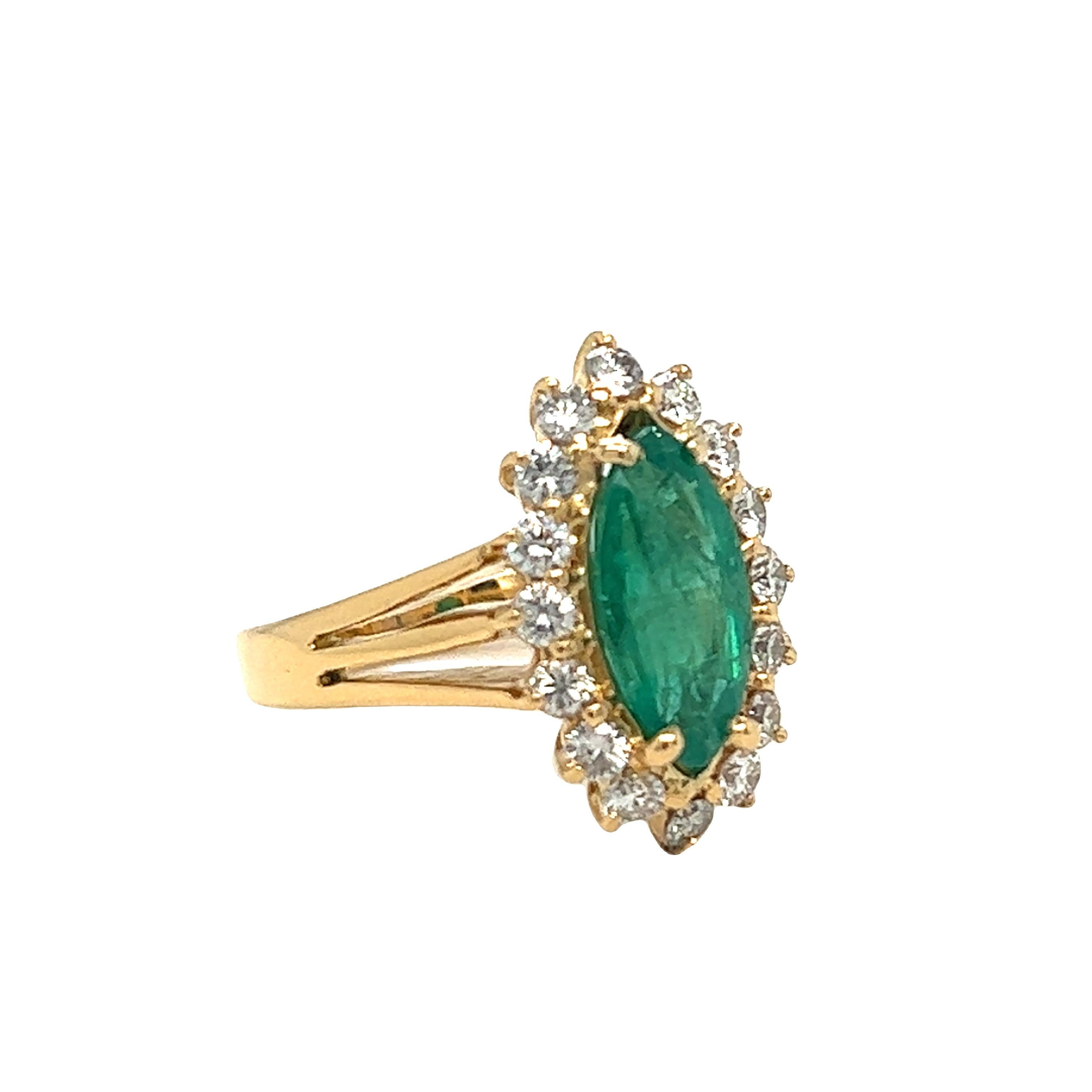 2.10 Carat Marquise Emerald and Diamond Cluster Halo Ring 18K Yellow Gold In Excellent Condition For Sale In beverly hills, CA