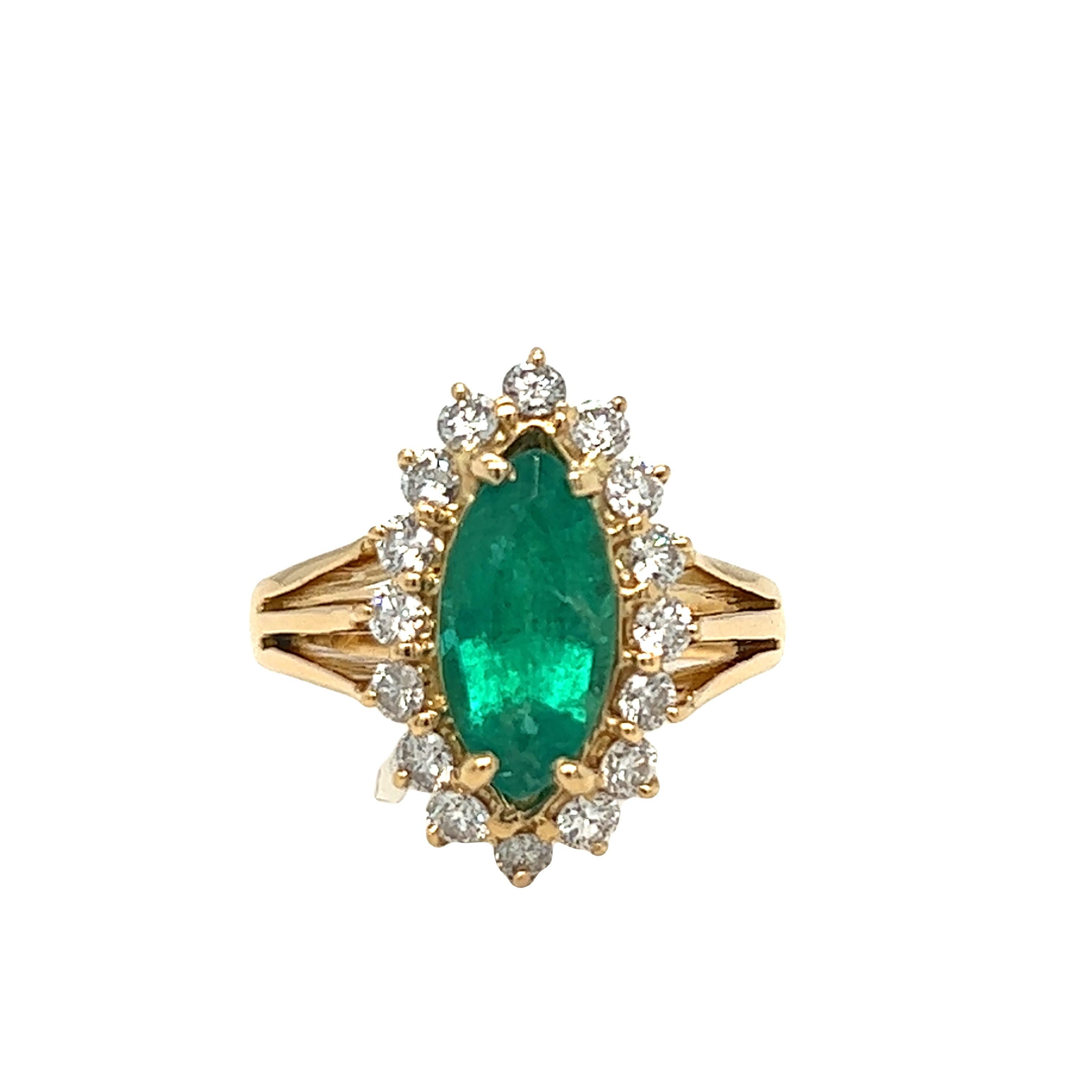 Women's 2.10 Carat Marquise Emerald and Diamond Cluster Halo Ring 18K Yellow Gold For Sale