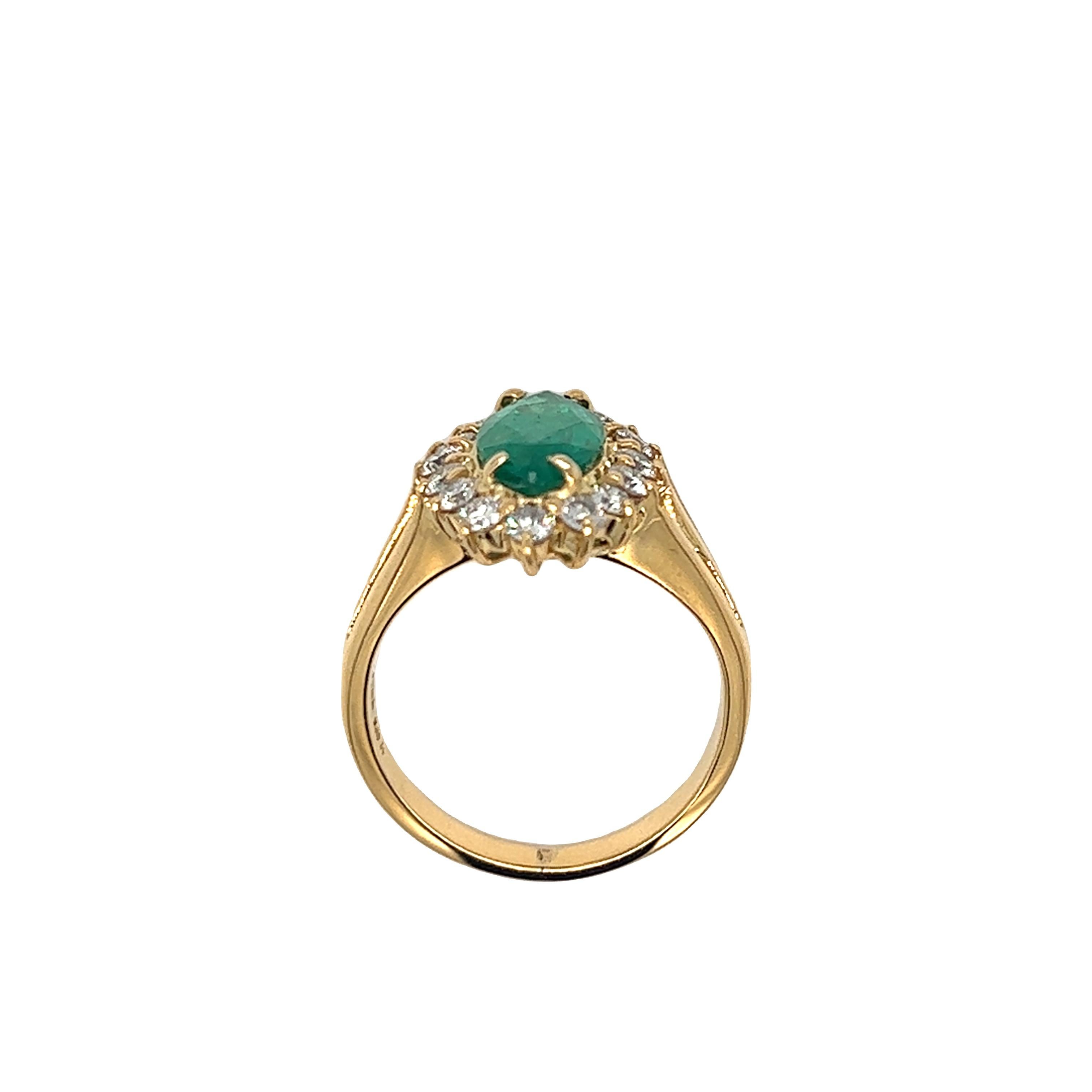 2.10 Carat Marquise Emerald and Diamond Cluster Halo Ring 18K Yellow Gold For Sale 1