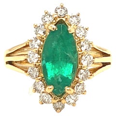 2.10 Carat Marquise Emerald and Diamond Cluster Halo Ring 18K Yellow Gold