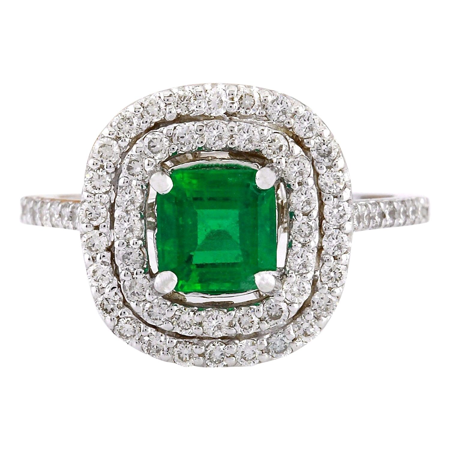 2.10 Carat Natural Emerald 14 Karat Solid White Gold Diamond Ring For Sale