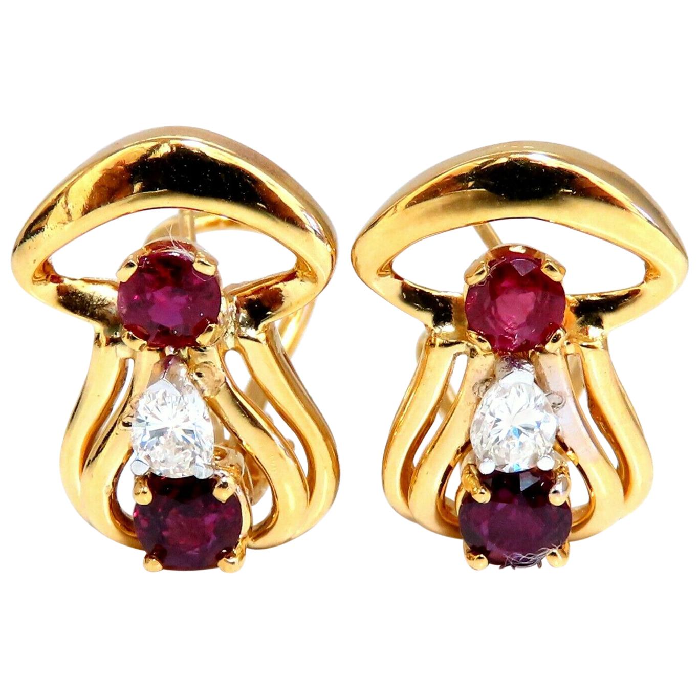 Clips d'oreilles en forme de champignon en or 14 carats avec diamants et rubis rouge naturel de 2,10 carats