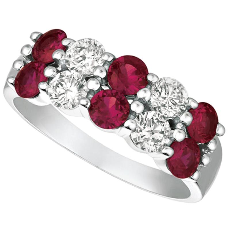 2.10 Carat Natural Ruby and Diamond 2 Rows Ring G SI 14 Karat White Gold For Sale