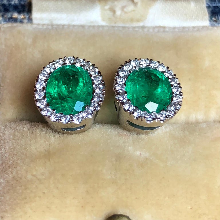 Emeralds Maravellous Fine 2.10 Carat Vivid Colombian Emerald Diamond Earrings For Sale 9