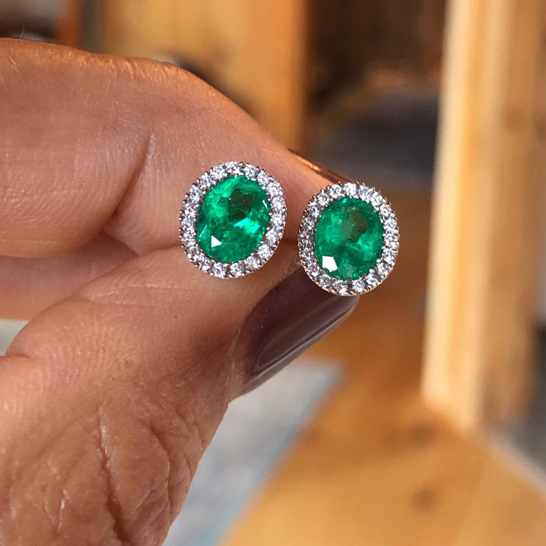 Emeralds Maravellous Fine 2.10 Carat Vivid Colombian Emerald Diamond Earrings For Sale 5