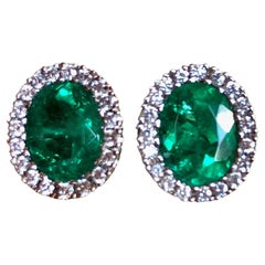 Fine 2.10 Carat Oval Vivid Colombian Emerald Diamond 18K Gold Stud Earrings