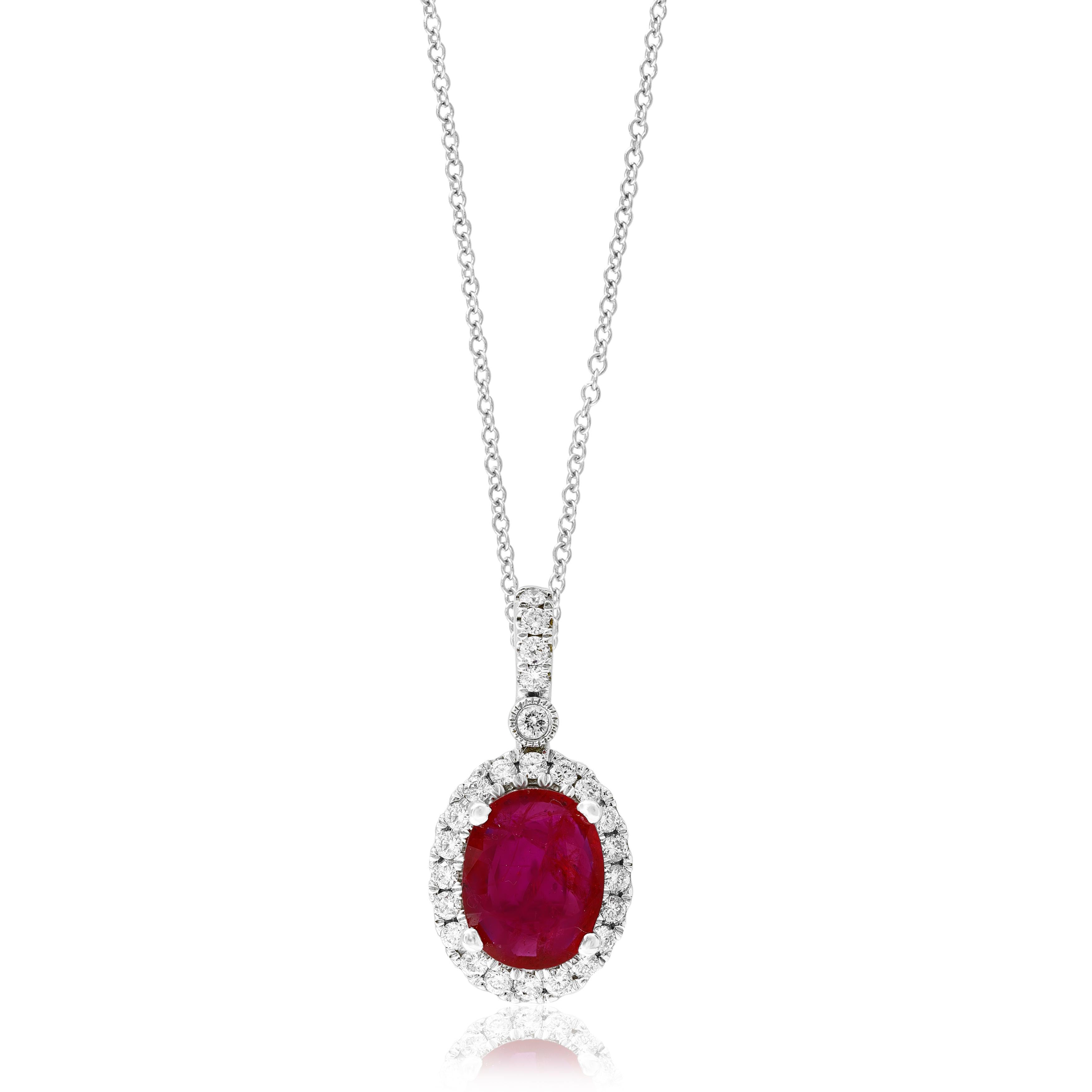 Women's 2.10 Carat Oval Cut Ruby and Diamond Halo Pendant Necklace in 18K White Gold For Sale