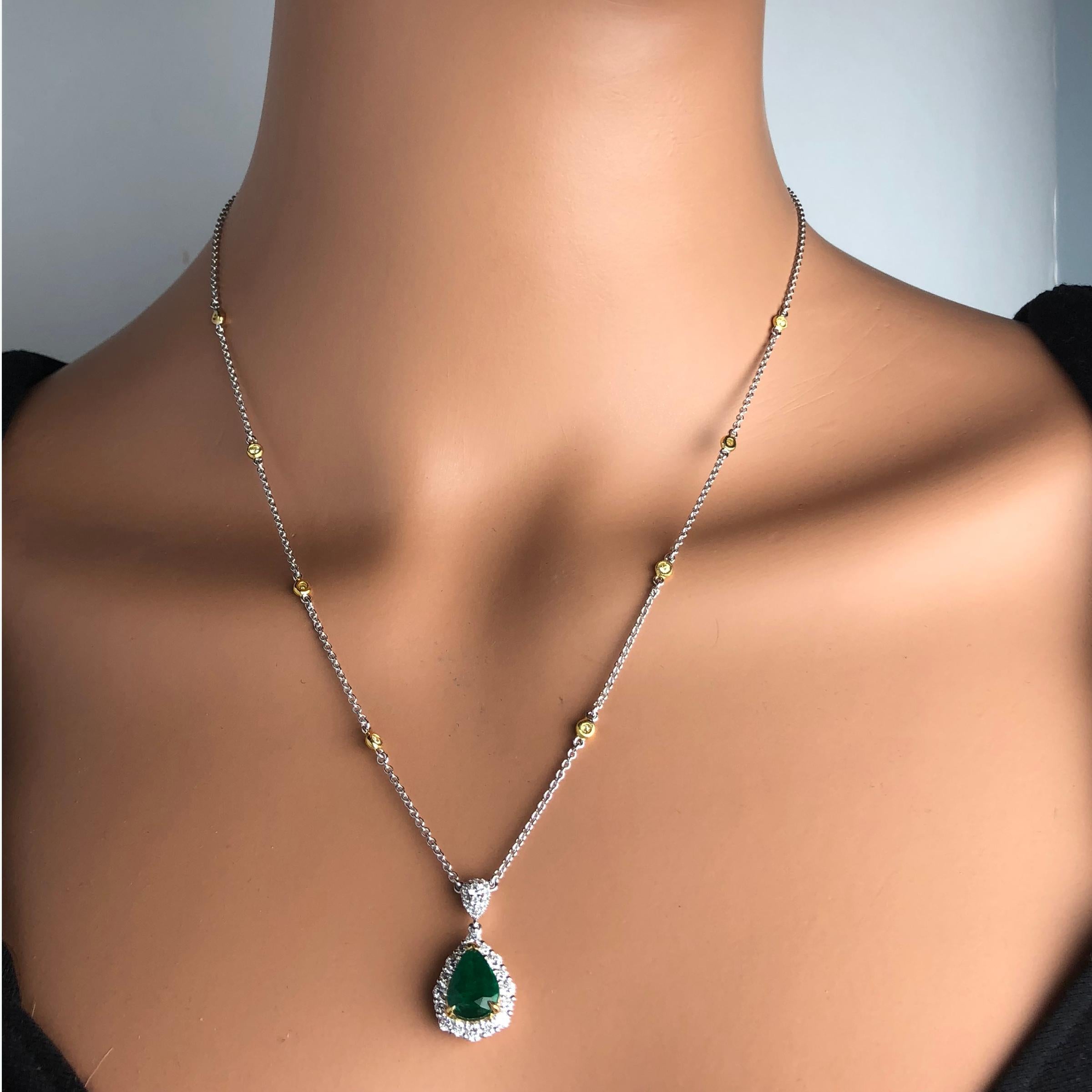 Contemporary 2.10 Carat Pear Shape Fine Emerald and Diamond Pendant in White and Yellow Gold