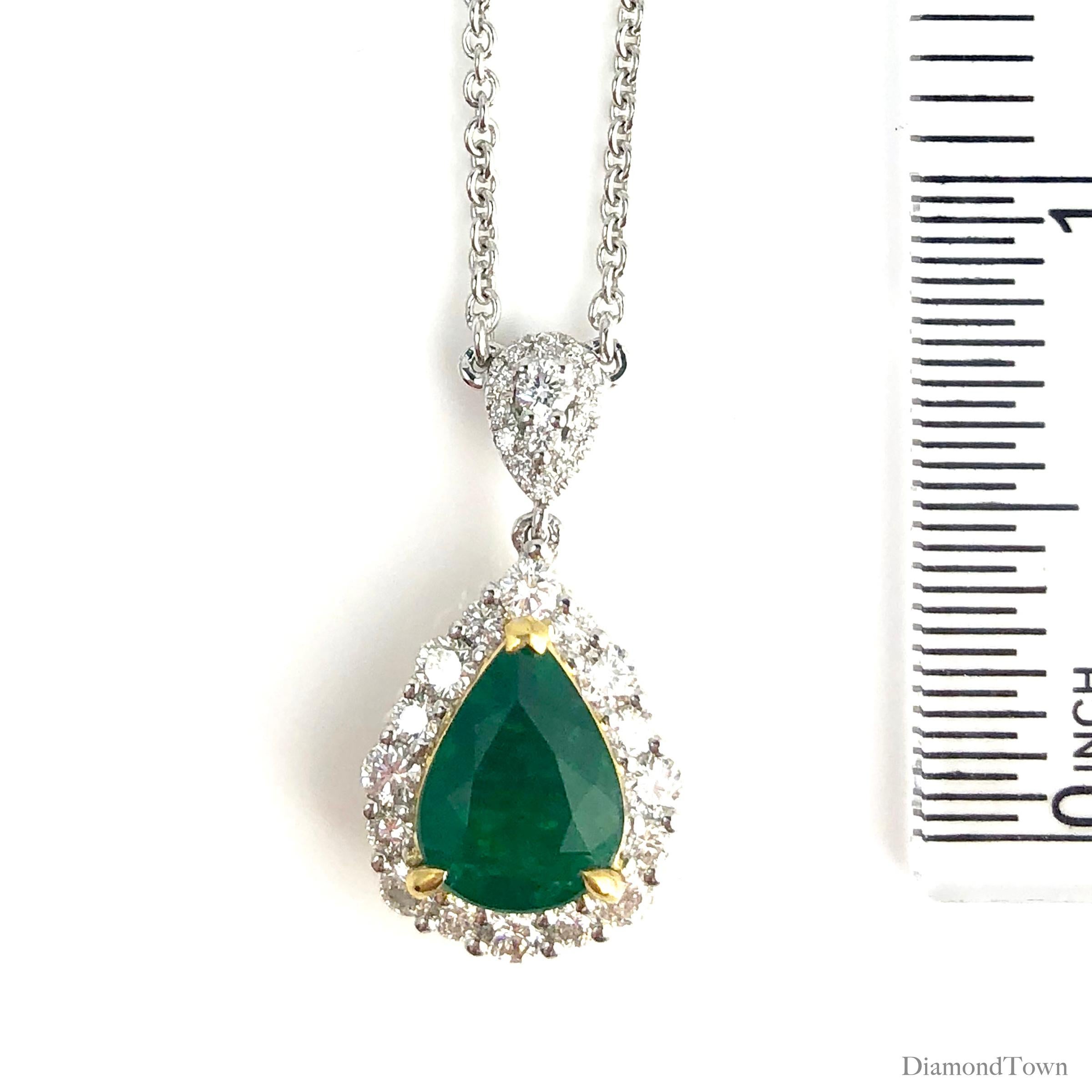 2.10 Carat Pear Shape Fine Emerald and Diamond Pendant in White and Yellow Gold In New Condition In New York, NY
