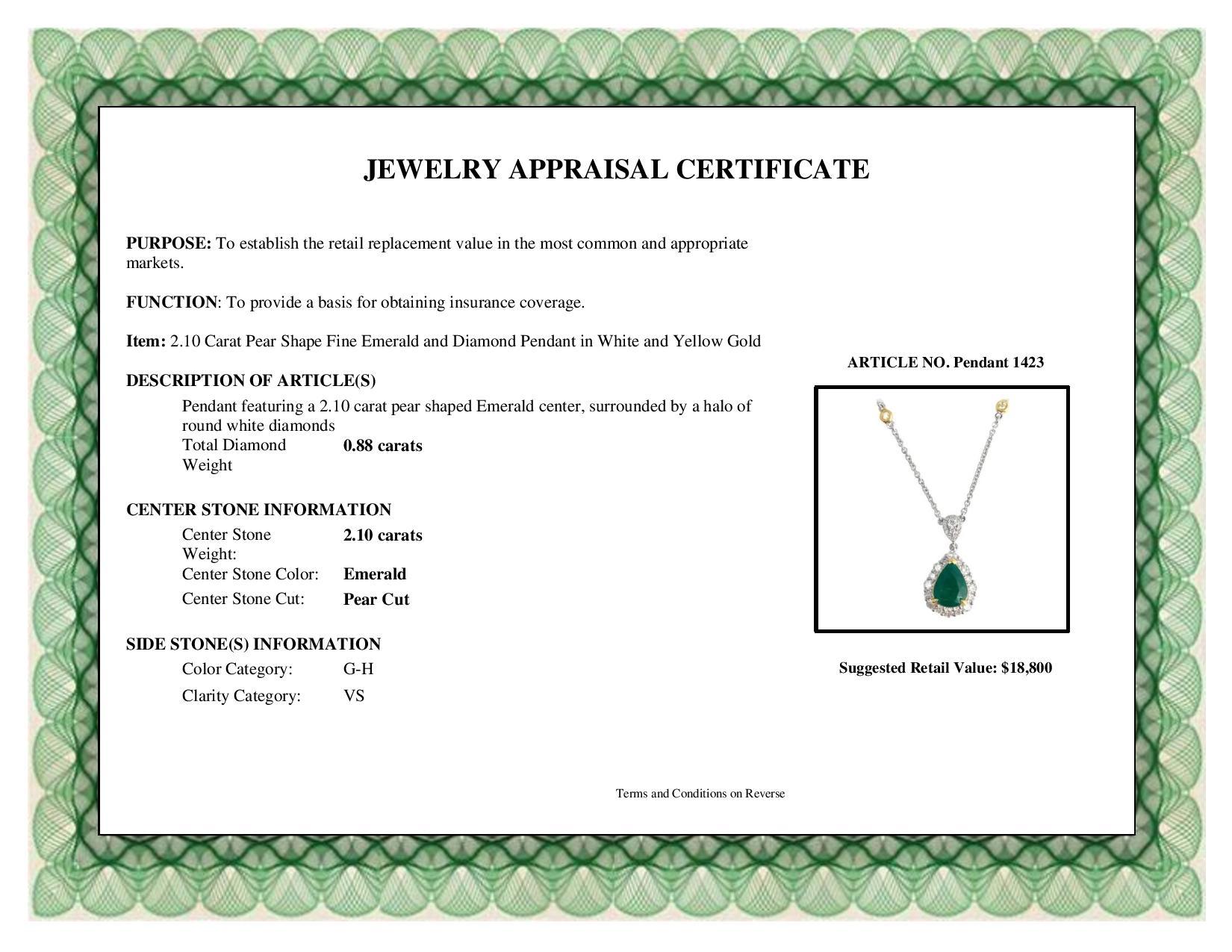 Pear Cut Diamond Town 2.10 Carat Pear Shape Fine Emerald and Diamond Pendant