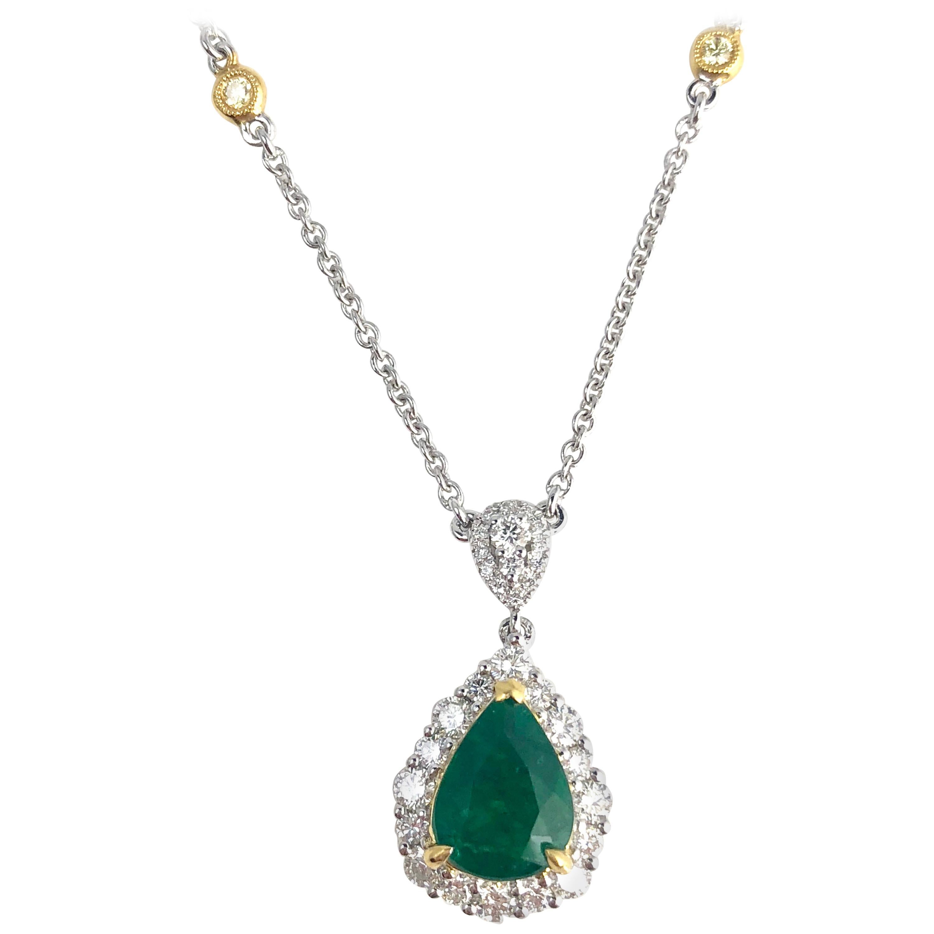 2.10 Carat Pear Shape Fine Emerald and Diamond Pendant in White and Yellow Gold