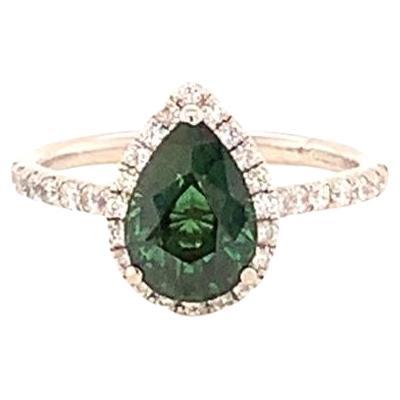 2.10 Carat Pear Shaped Green Sapphire and 0.35 Carat Diamond Ring in Platinum For Sale