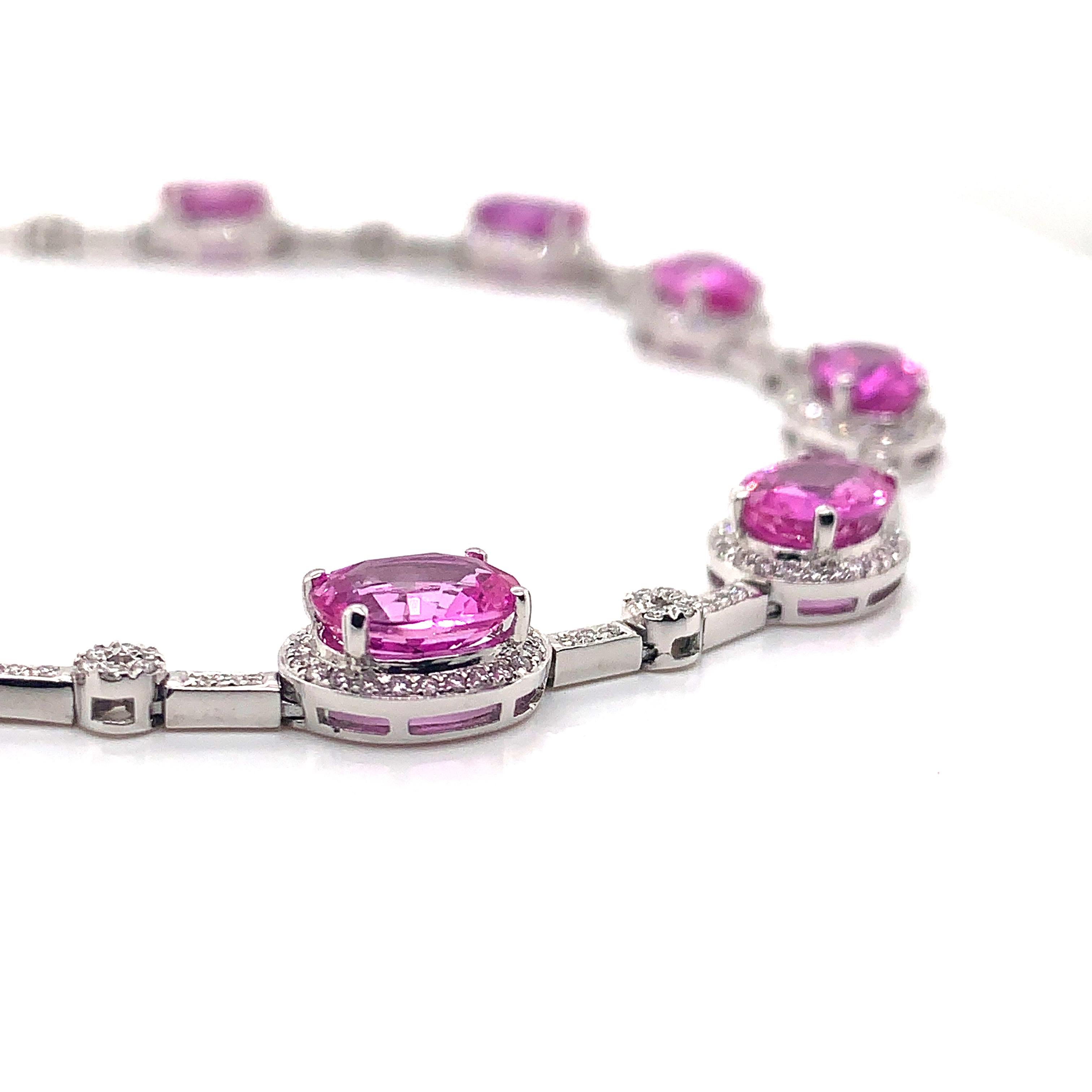 Oval Cut 21.0 Carat Pink Sapphire Necklace in 18 Karat White Gold with Diamonds