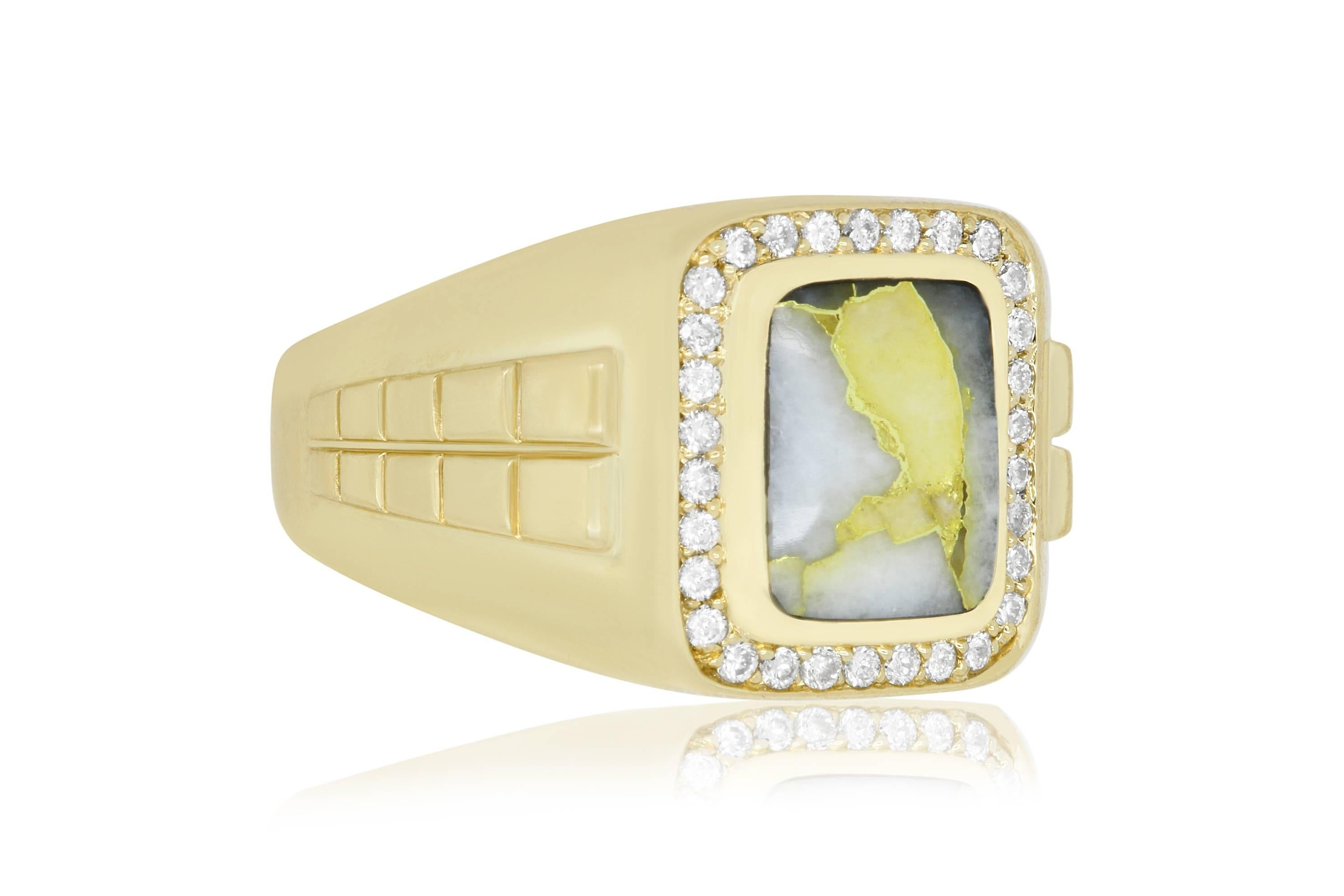 This unique Gold in Quartz stone weighs in at 2.10 carats. Set in a 14k Yellow Gold with 30 white diamonds, it is a guaranteed show stopper!

Material: 14k Yellow Gold
Gemstones: 1 Rectangular Gold in Quartz at 2.10 Carats.
Diamonds: 30 Brilliant
