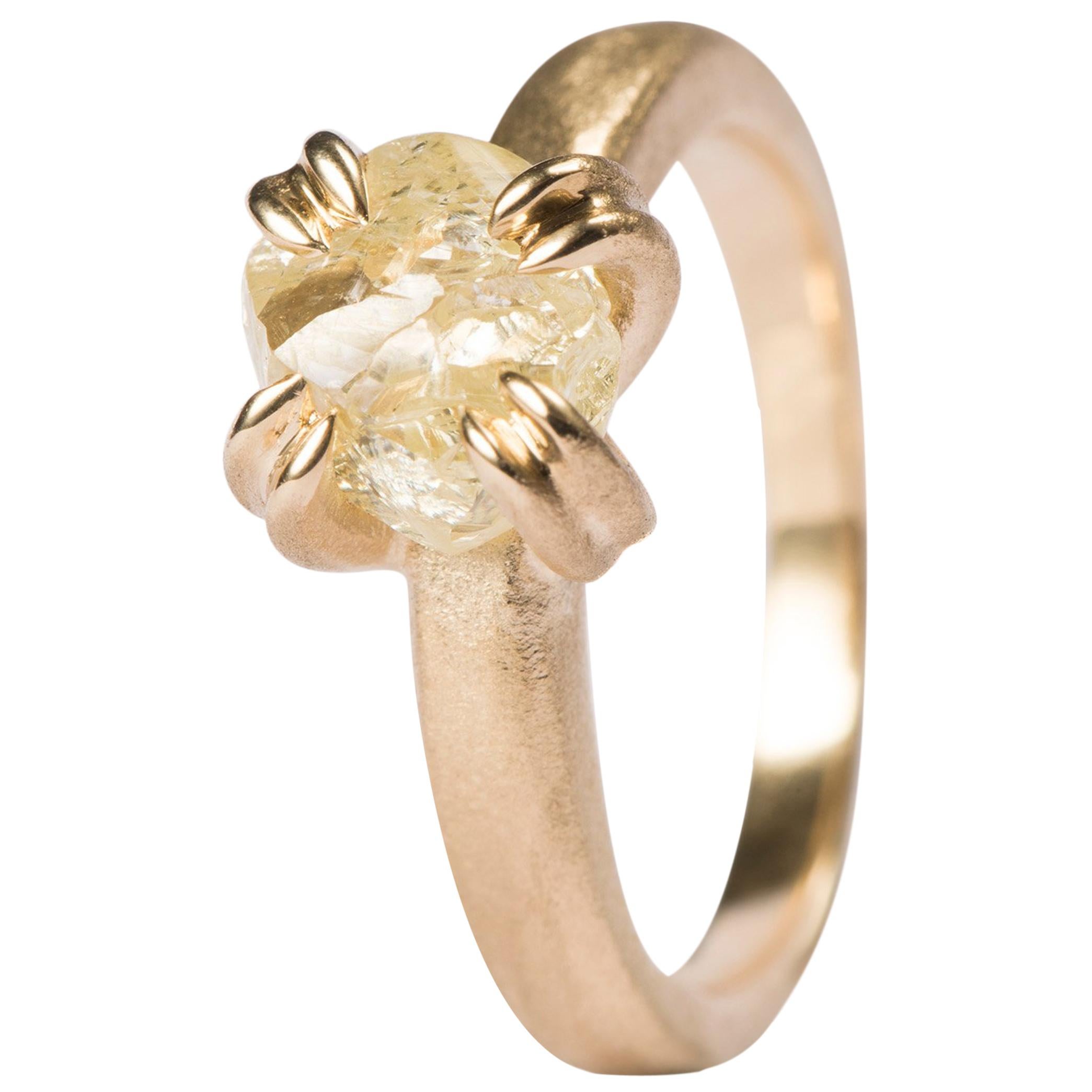 2.10 Carat Rough Yellow Diamond Solitaire Gold Ring For Sale