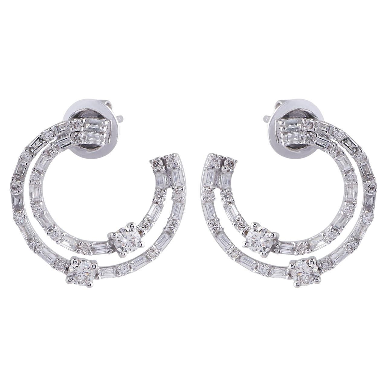 2.10 Carat Round Baguette Diamond Earrings 18 Karat White Gold Handmade Jewelry For Sale