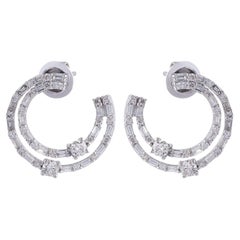 2.10 Carat Round Baguette Diamond Earrings 18 Karat White Gold Handmade Jewelry
