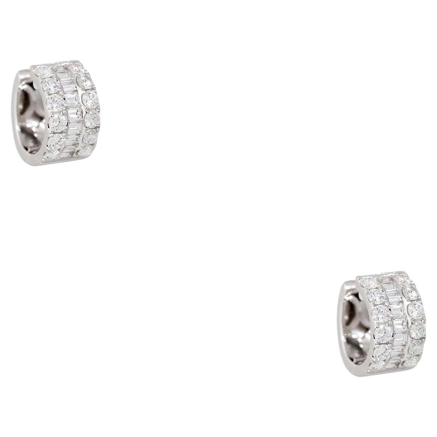 2.10 Carat Round Brilliant & Baguette Diamond Huggie Earring 18 Karat In Stock For Sale