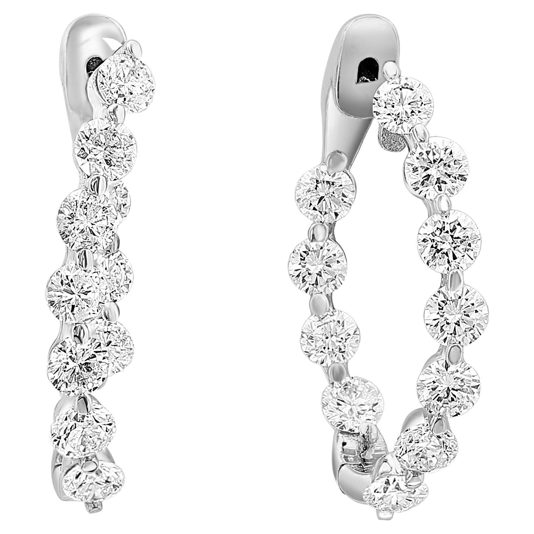 2.10 Carat Round Cut Diamond Hoop Earrings in 14k White Gold For Sale