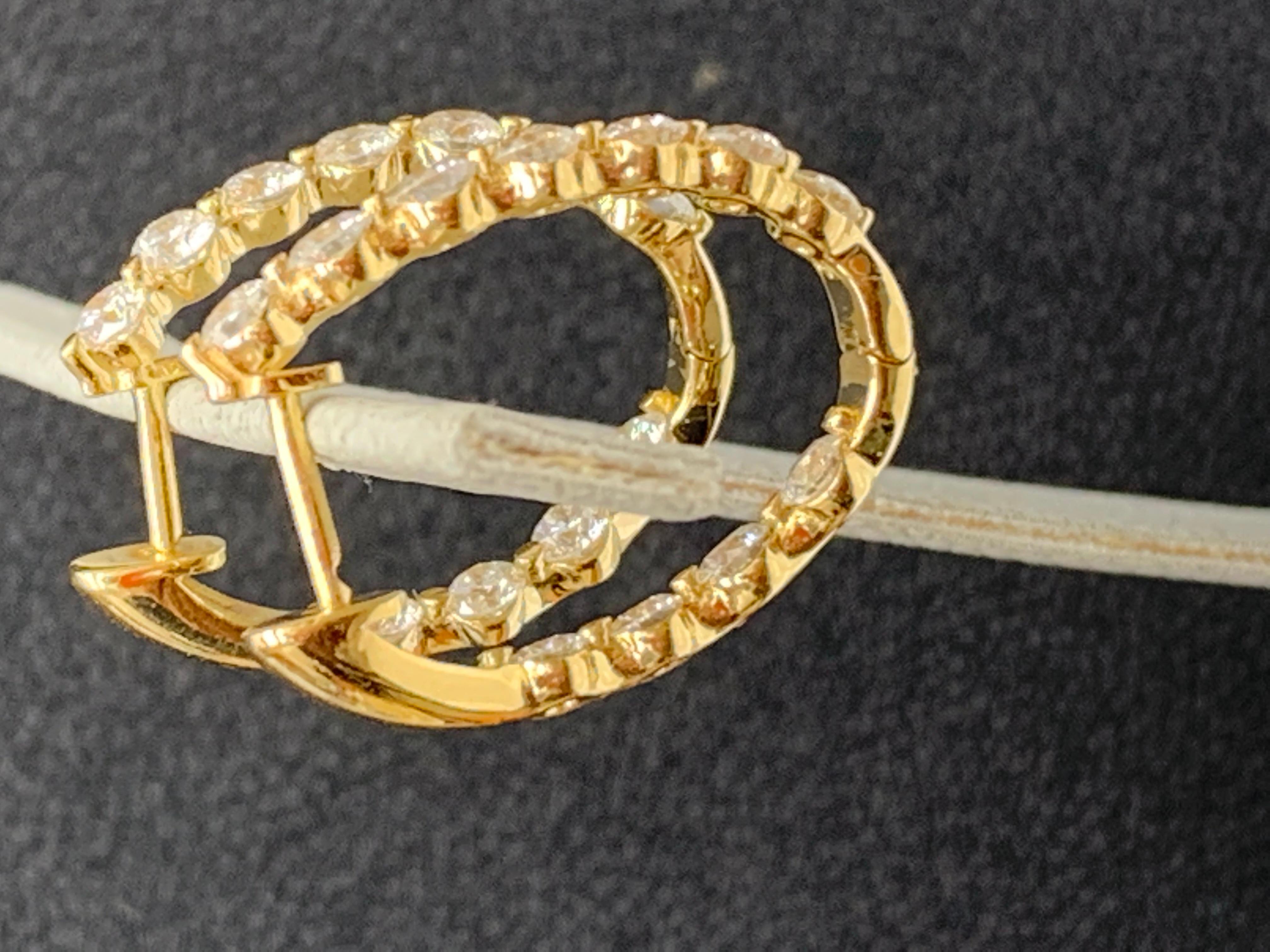 Modern 2.10 Carat Round Cut Diamond Hoop Earrings in 14k Yellow Gold For Sale