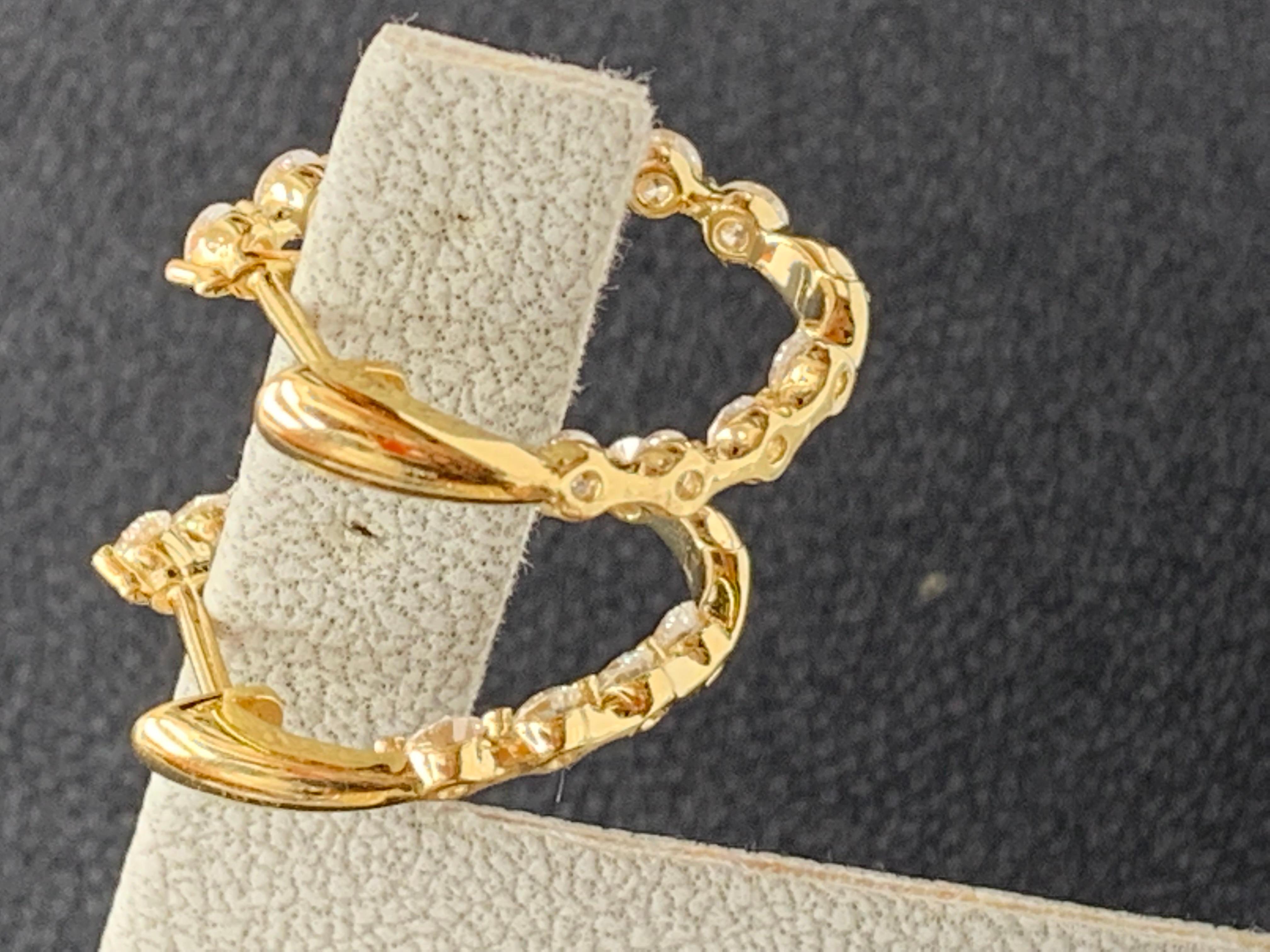 2.10 Carat Round Cut Diamond Hoop Earrings in 14k Yellow Gold In New Condition For Sale In NEW YORK, NY