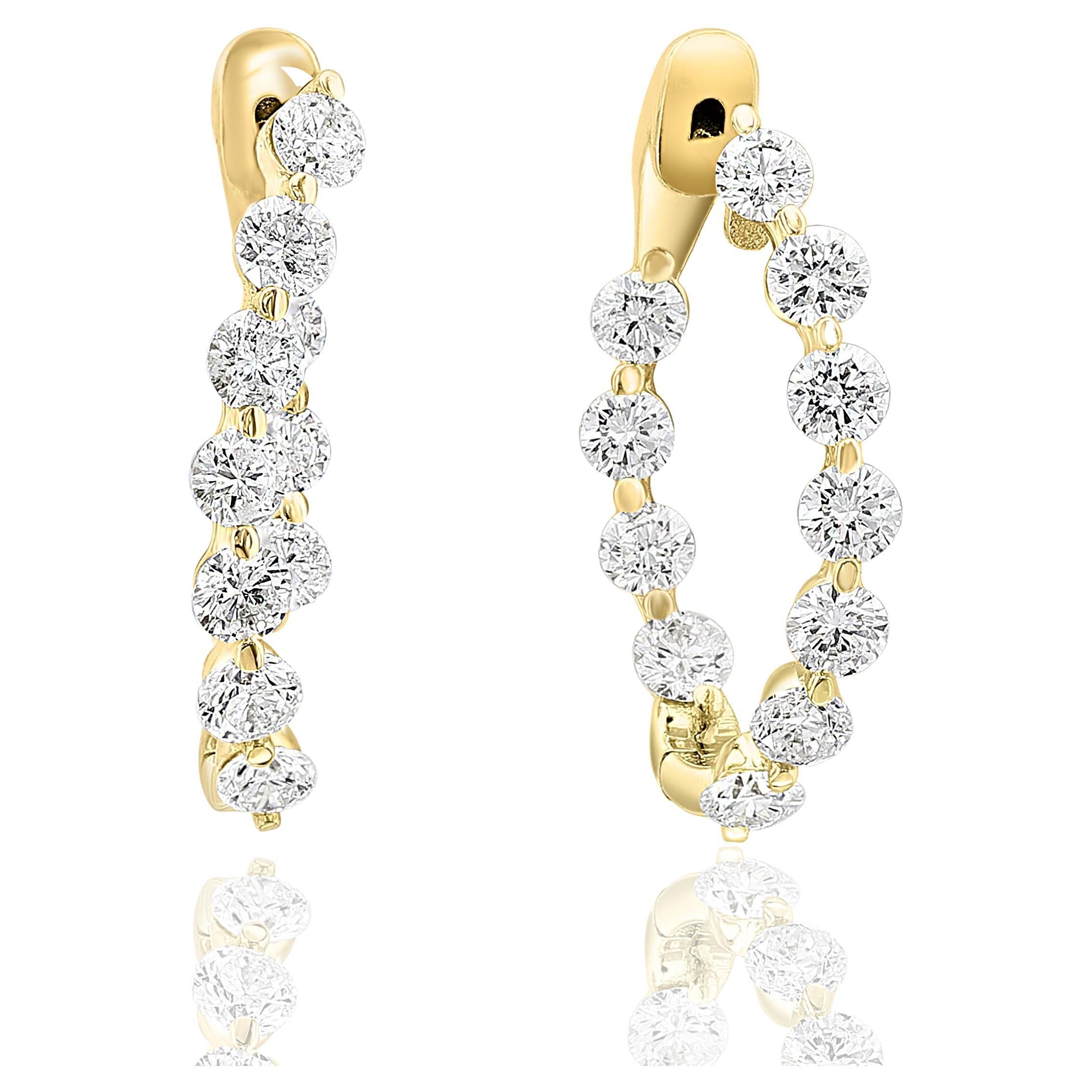 2.10 Carat Round Cut Diamond Hoop Earrings in 14k Yellow Gold