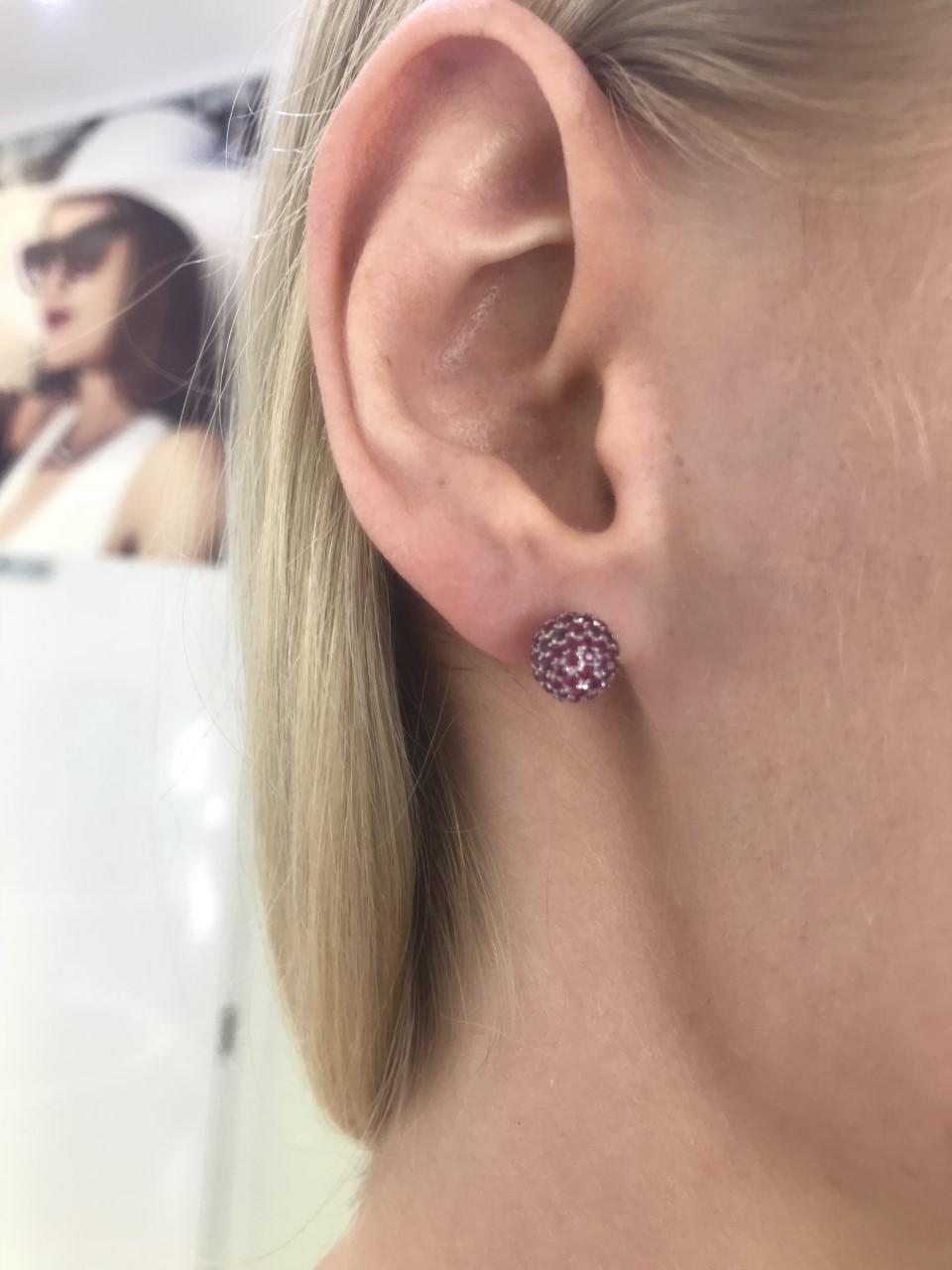 These Stunning 2.10 Carat Round Red Ruby Pave set Earrings are set in 18 Karat White Gold these beautiful deep colored red earrings are a stunning choice perfect for any occasion. Also available in other gemstones. British Hallmarked.


