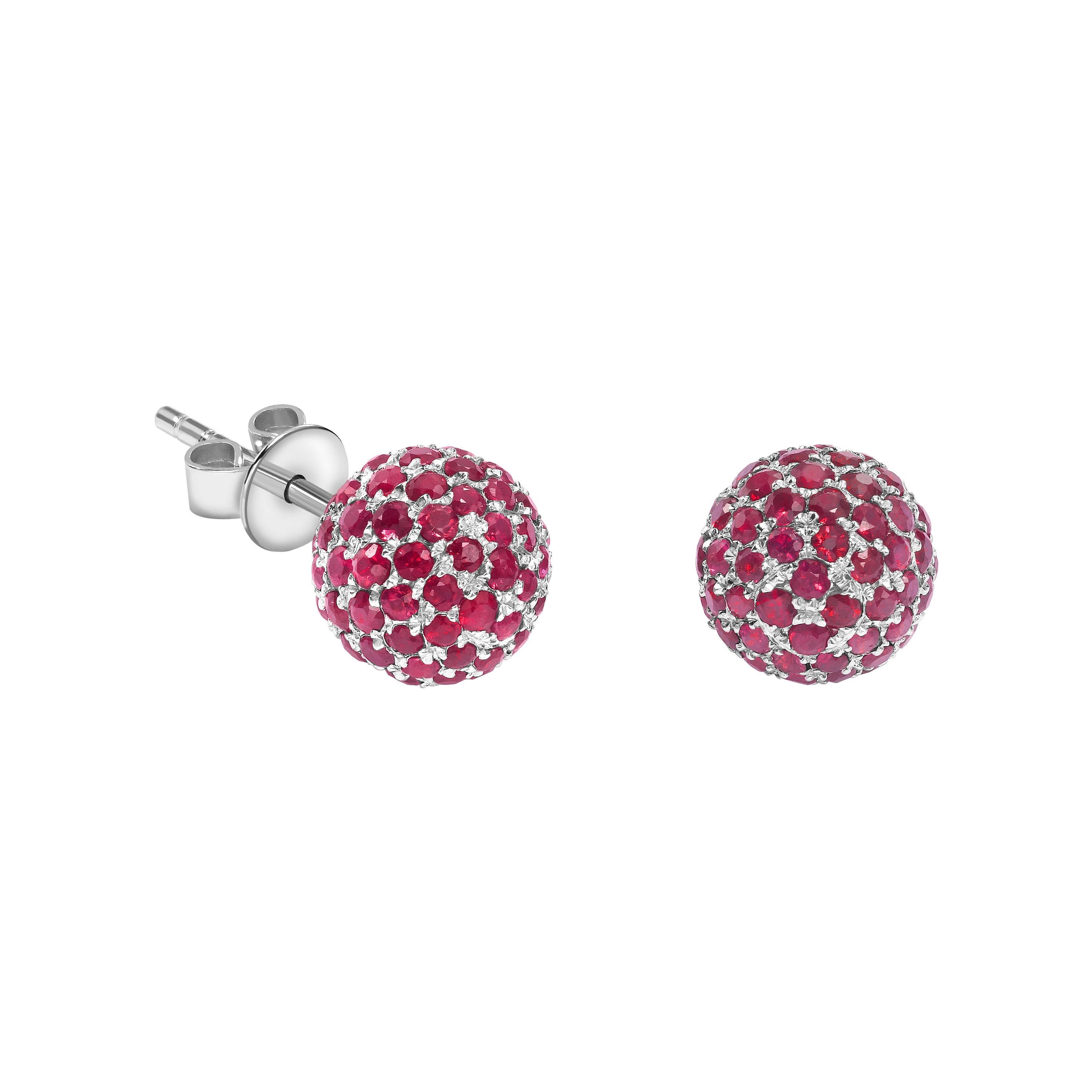 Round Cut 2.10 Carat Round Red Ruby Pave Set 18 KT White Gold Diamond Stud Earrings For Sale