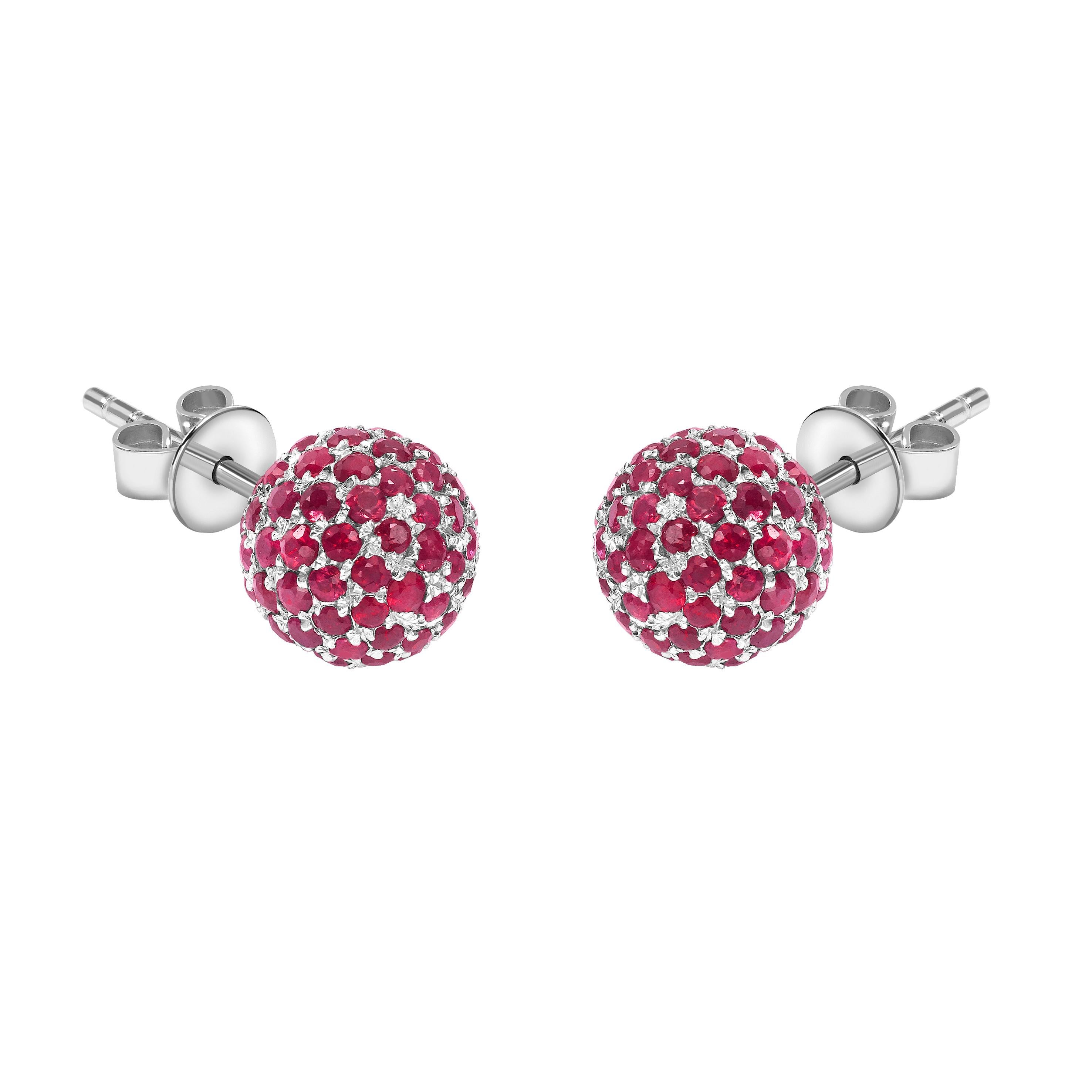 2.10 Carat Round Red Ruby Pave Set 18 KT White Gold Diamond Stud Earrings For Sale