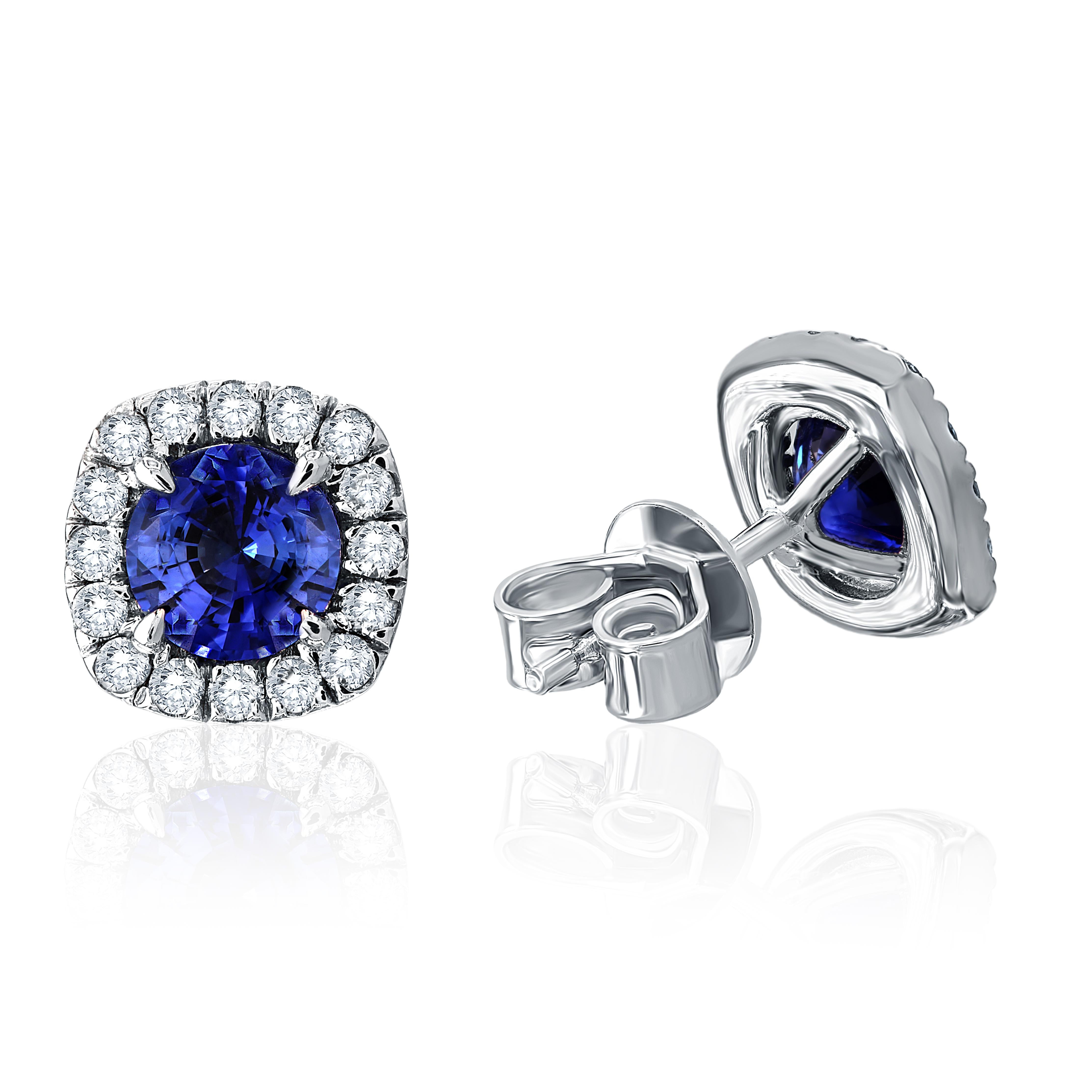 2.10 Carat Round Sapphire Stud Earring & 0.5 cts of Diamond in 14K Gold ref432 in vendita 2
