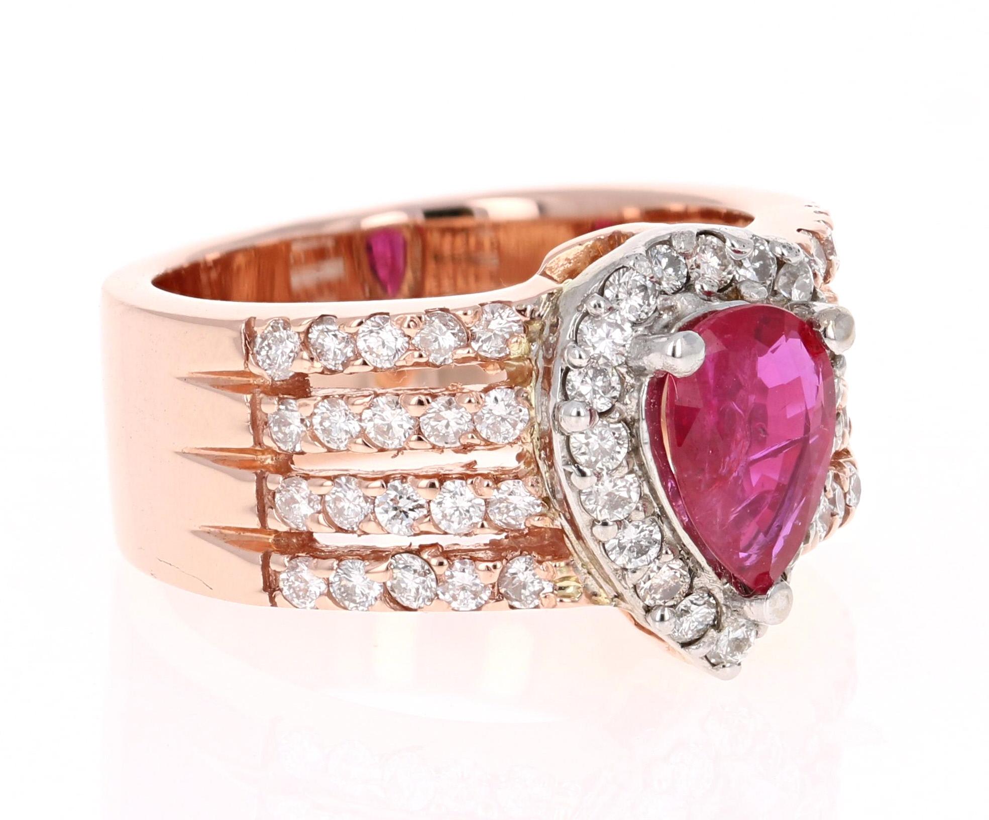 A gorgeous statement ring with a 1.10 Carat Pear Cut GIA Certified Ruby as its center and 59 Round Cut Diamonds that weigh 1.00 carats. The total carat weight of the ring is 1.87 carats.

The Pear Cut Ruby is natural and has no heat. The GIA