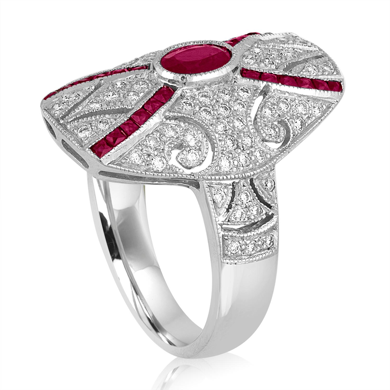 Art Deco Revival Style Ring
The ring is 18K White Gold
There are 0.55 Carats in Diamonds H SI
There are 1.55 Carats in Rubies
The ring is a size 6.75, sizable
The ring weighs 7.0 grams
