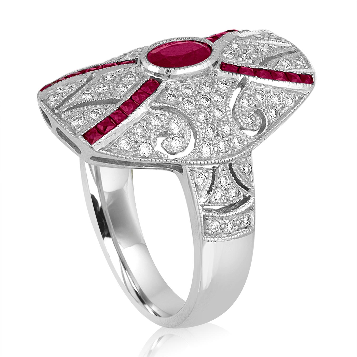 Art Deco Revival Style Ring
The ring is 18K White Gold
There are 0.55 Carats in Diamonds H SI
There are 1.55 Carats in Rubies
The ring is a size 6.75, sizable
The ring weighs 7.0 grams
We can resize free of charge, the ring becomes final sale, no