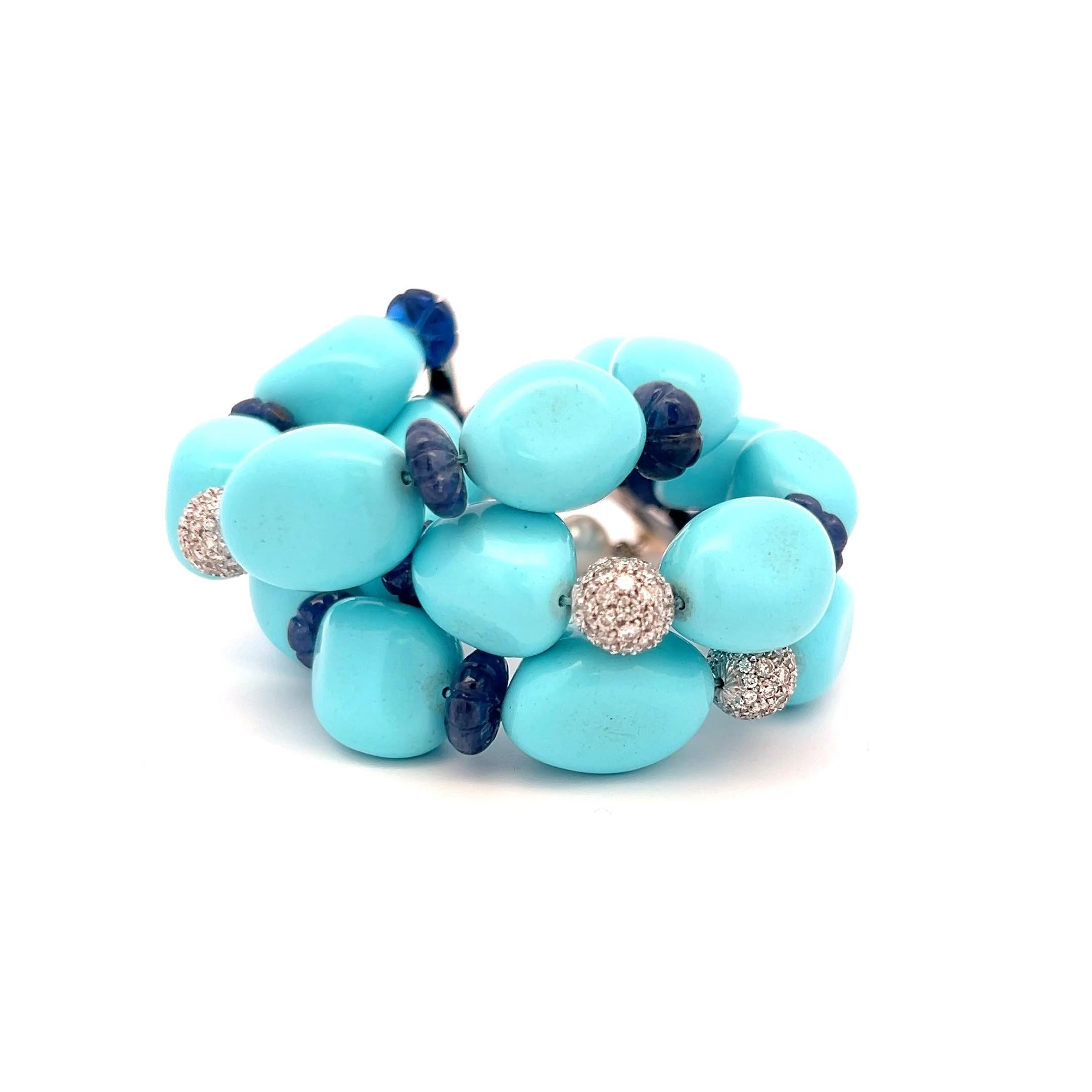 Bracelet à maillons 18 carats, saphir 2,10 carats, diamant 1,35 carat, turquoise et perle Pour femmes en vente