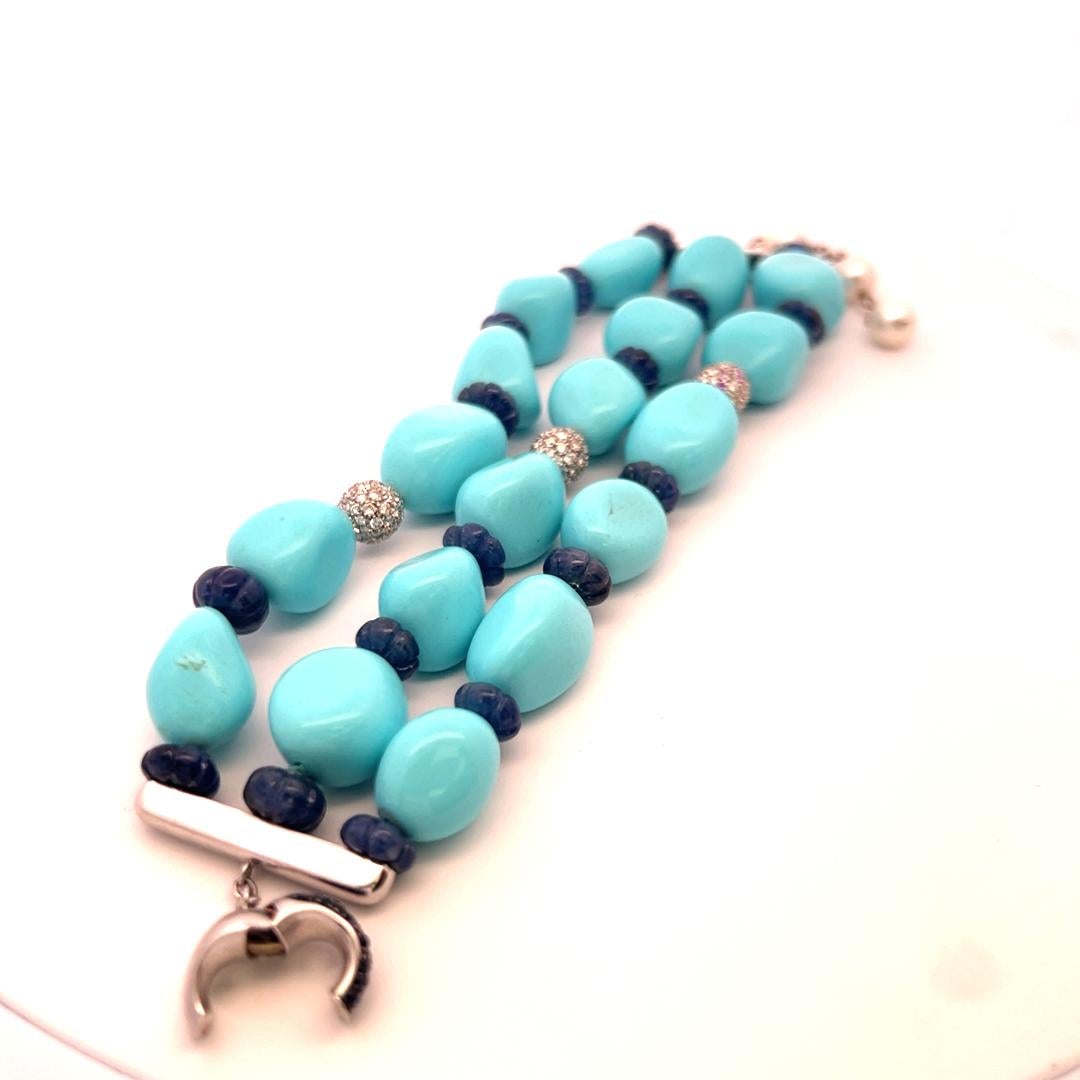 Bracelet à maillons 18 carats, saphir 2,10 carats, diamant 1,35 carat, turquoise et perle en vente 1