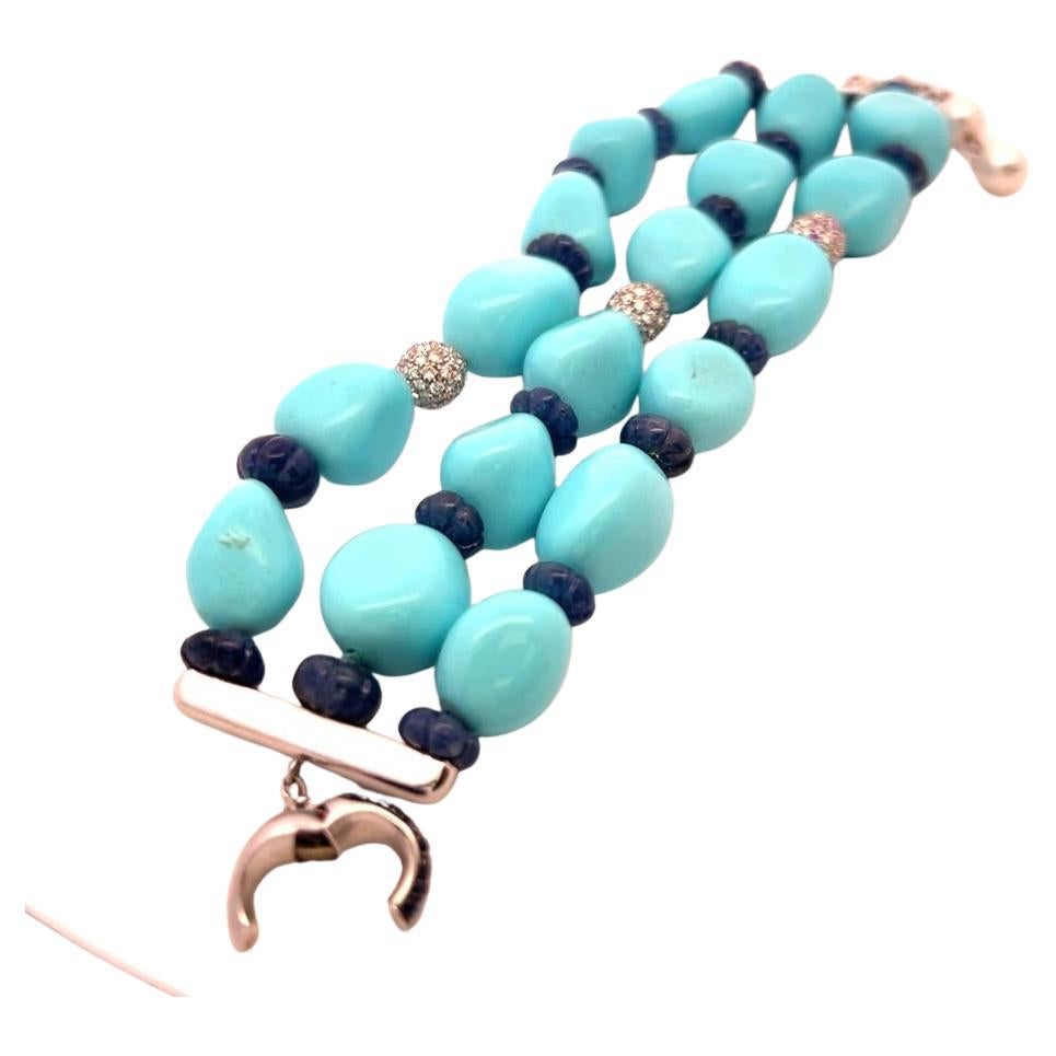Bracelet à maillons 18 carats, saphir 2,10 carats, diamant 1,35 carat, turquoise et perle