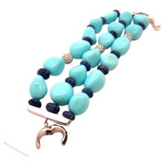 2.10 Carat Sapphire 1.35 Carat Diamond Turquoise and Pearl 18K WG Link Bracelet