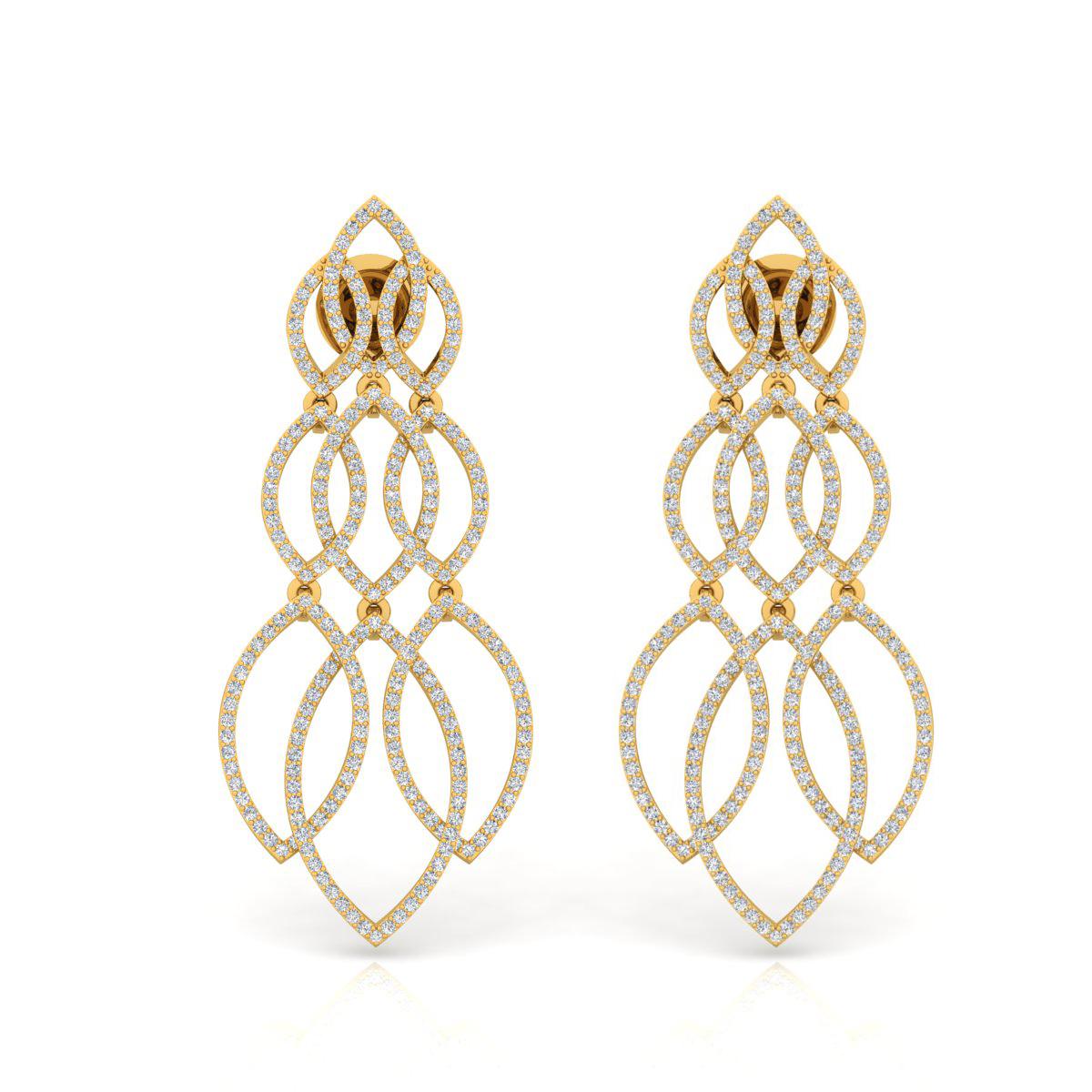 Moderno Orecchini da 2,10 carati SI/H Pave Diamond in oro giallo 14 carati con design a filigrana in vendita