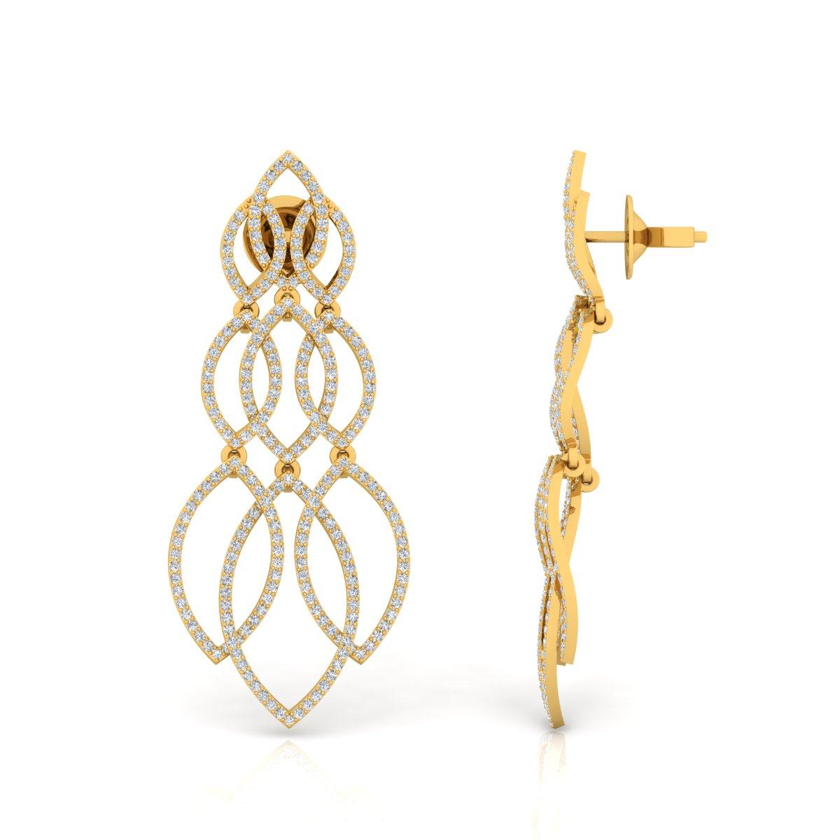 Taglio rotondo Orecchini da 2,10 carati SI/H Pave Diamond in oro giallo 14 carati con design a filigrana in vendita