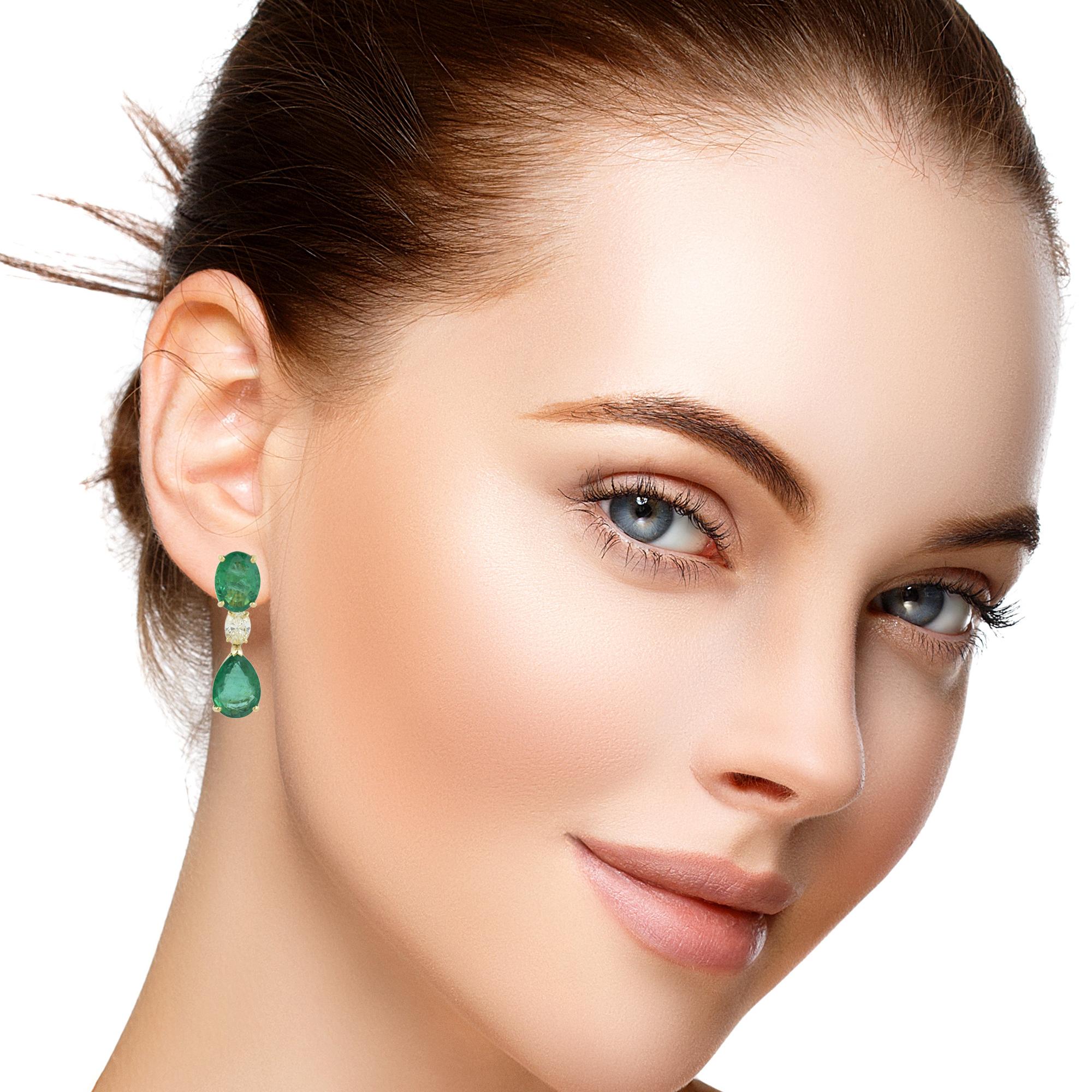 Oval Cut Natural Zambian Emerald Diamond Dangle Earrings 18 Karat Yellow Gold Jewelry For Sale