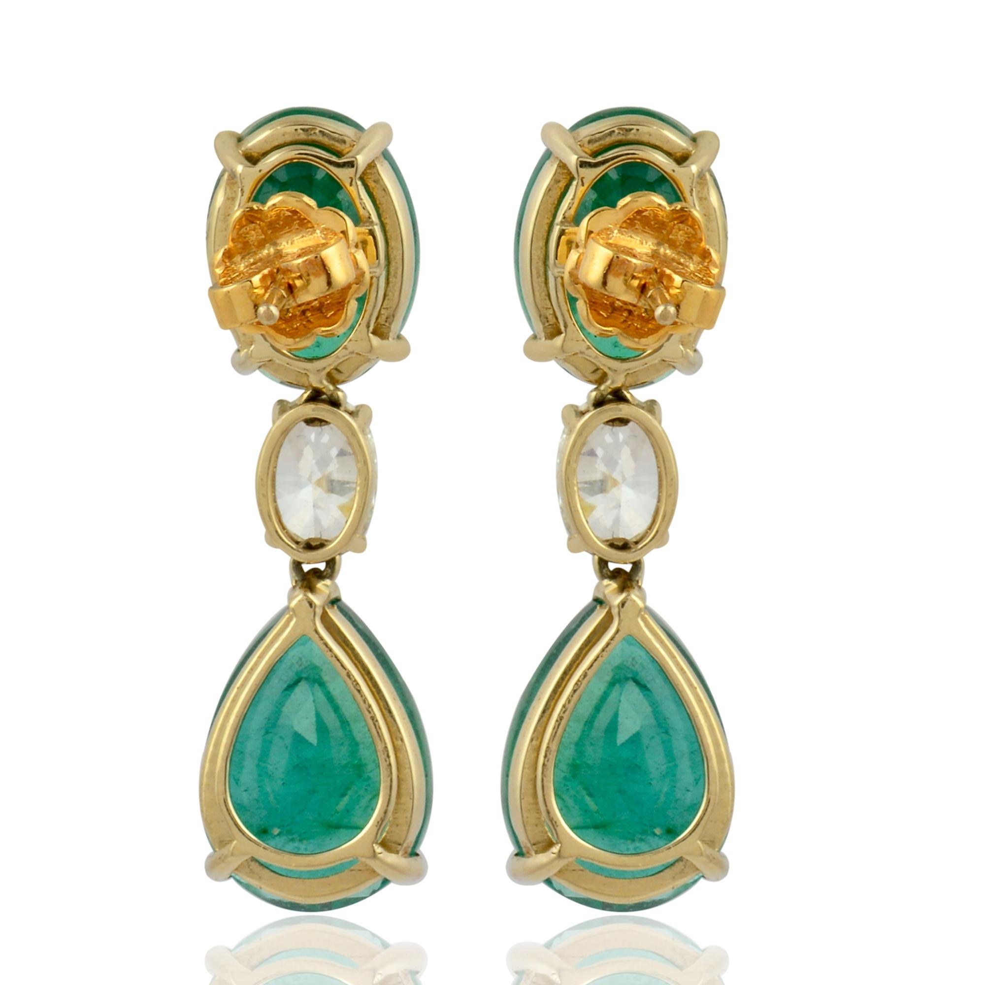 Women's Natural Zambian Emerald Diamond Dangle Earrings 18 Karat Yellow Gold Jewelry For Sale