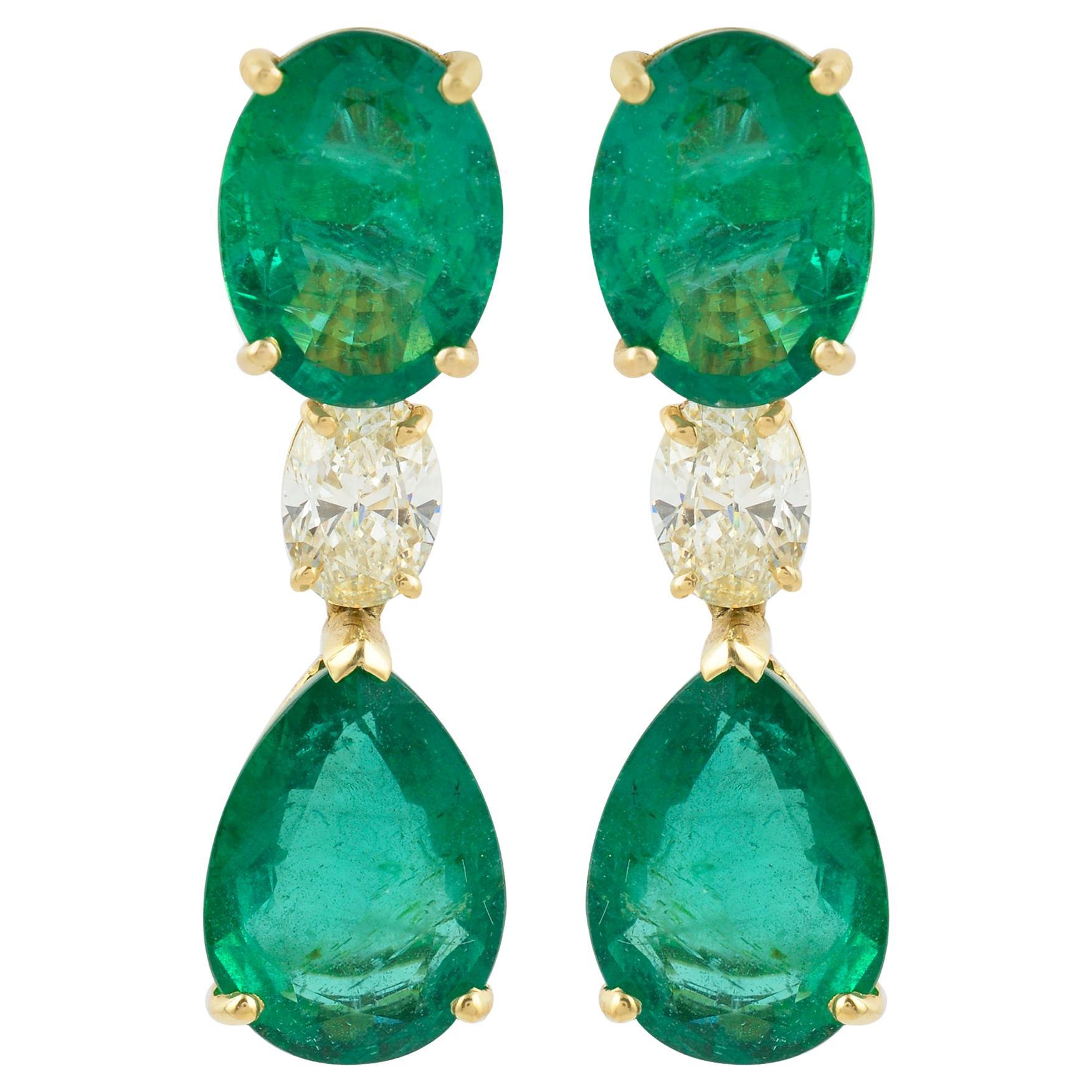 Natural Zambian Emerald Diamond Dangle Earrings 18 Karat Yellow Gold Jewelry For Sale