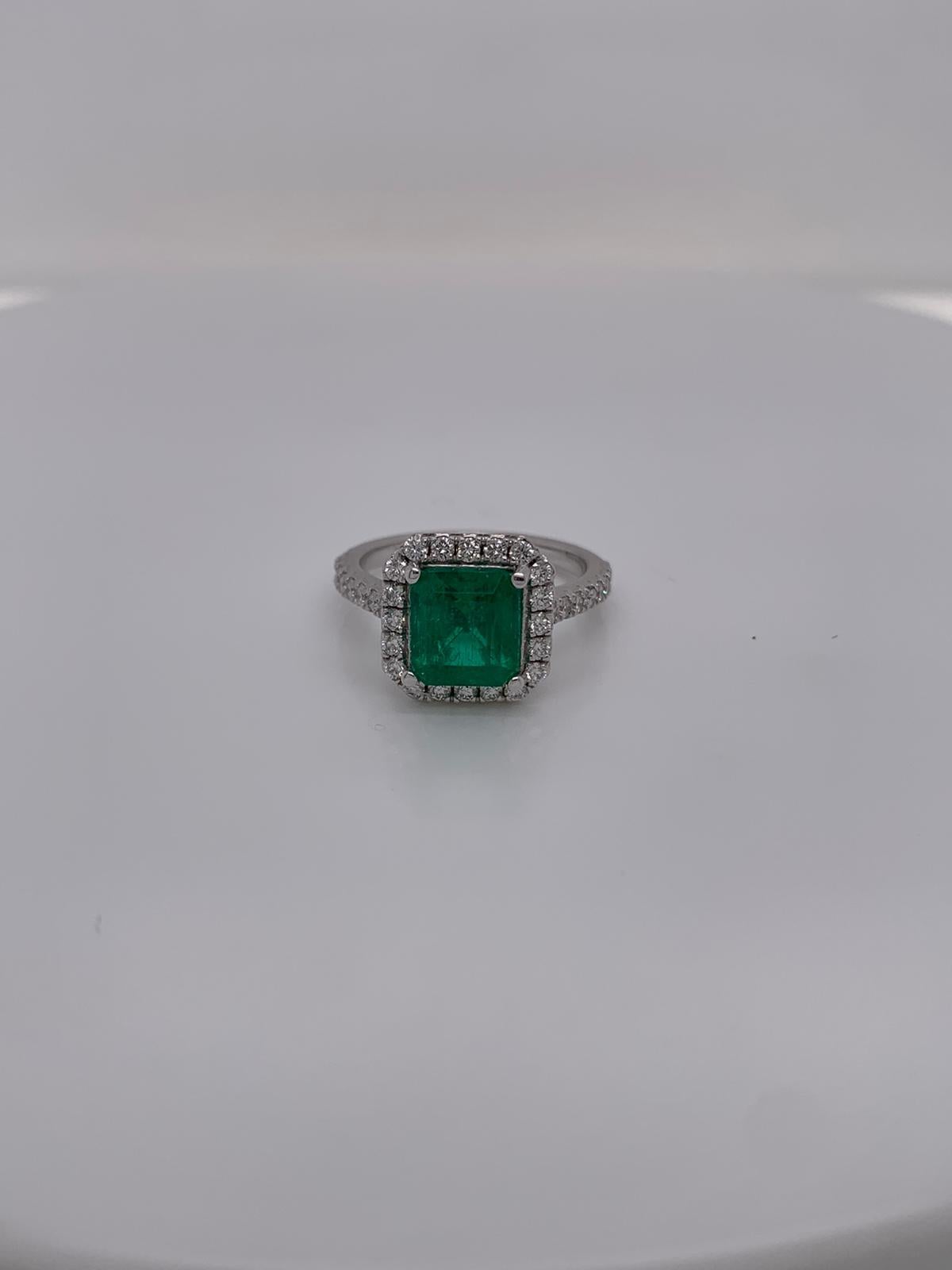 Square emerald weighing 2.10 cts
Measuring (7.9x6.1) mm
36 pieces of diamonds weighing .54 cts
Set in 14k white gold ring